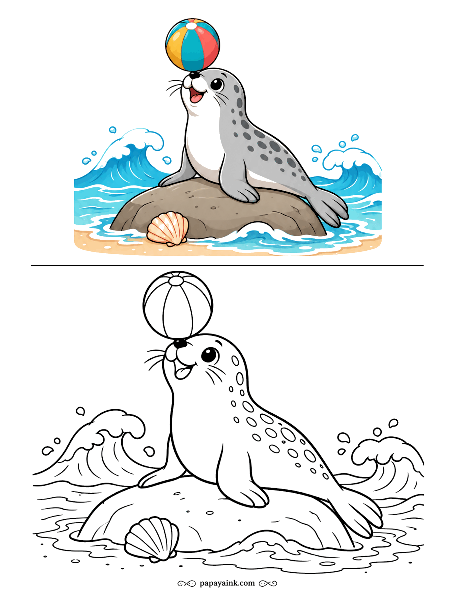 Copy Coloring Pages - Ball on the nose, flippers set, waves breaking on both sides. The spotted seal holds its pose on a rock by the shore with a scallop shell beside it. Gray with darker spots, plus a striped beach ball.