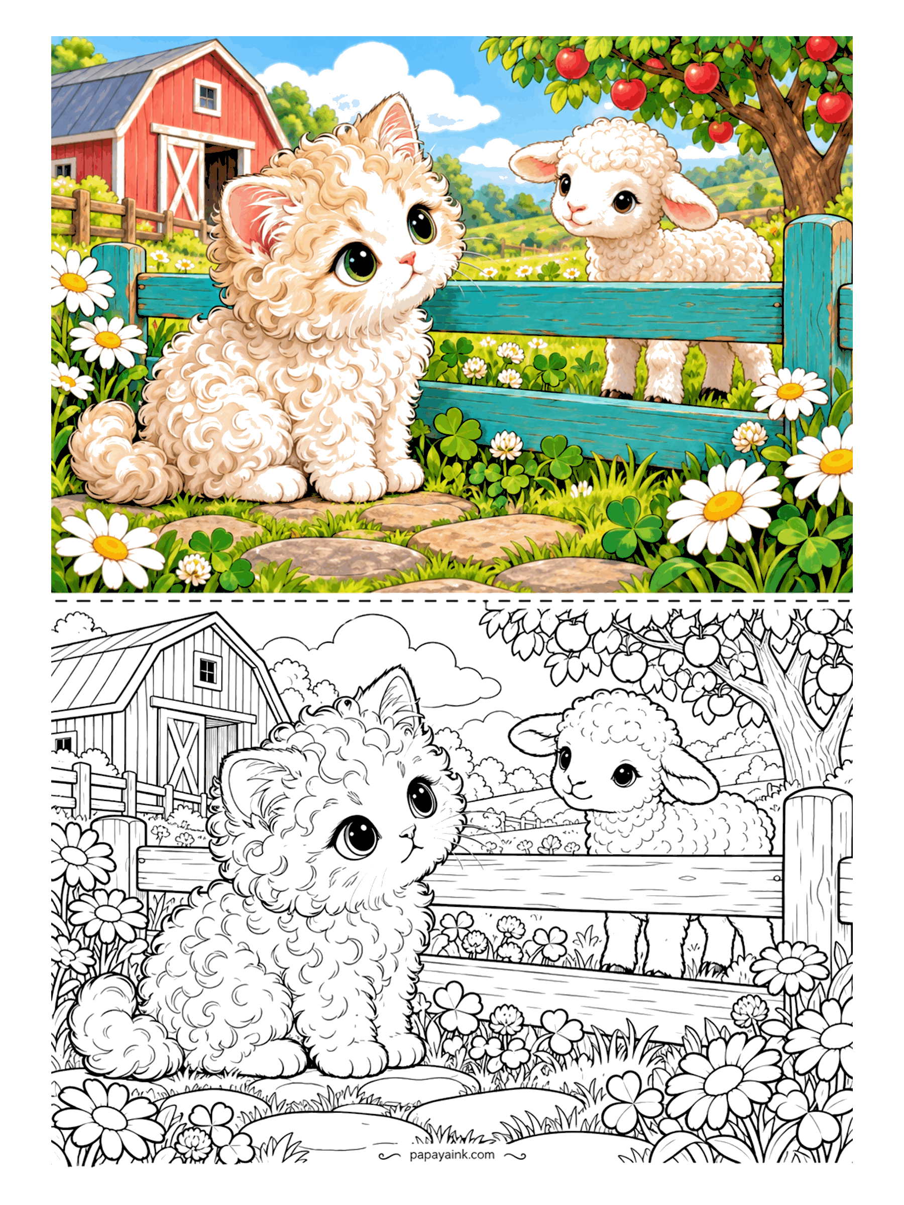Kitten Coloring Pages - Curly kitten, curly lamb. The Selkirk Rex and its new friend meet at the teal fence, and neither seems to know which of them is woollier. A red barn, an apple tree, daisies and clover. Both coats are cream - shade the curls lightly.