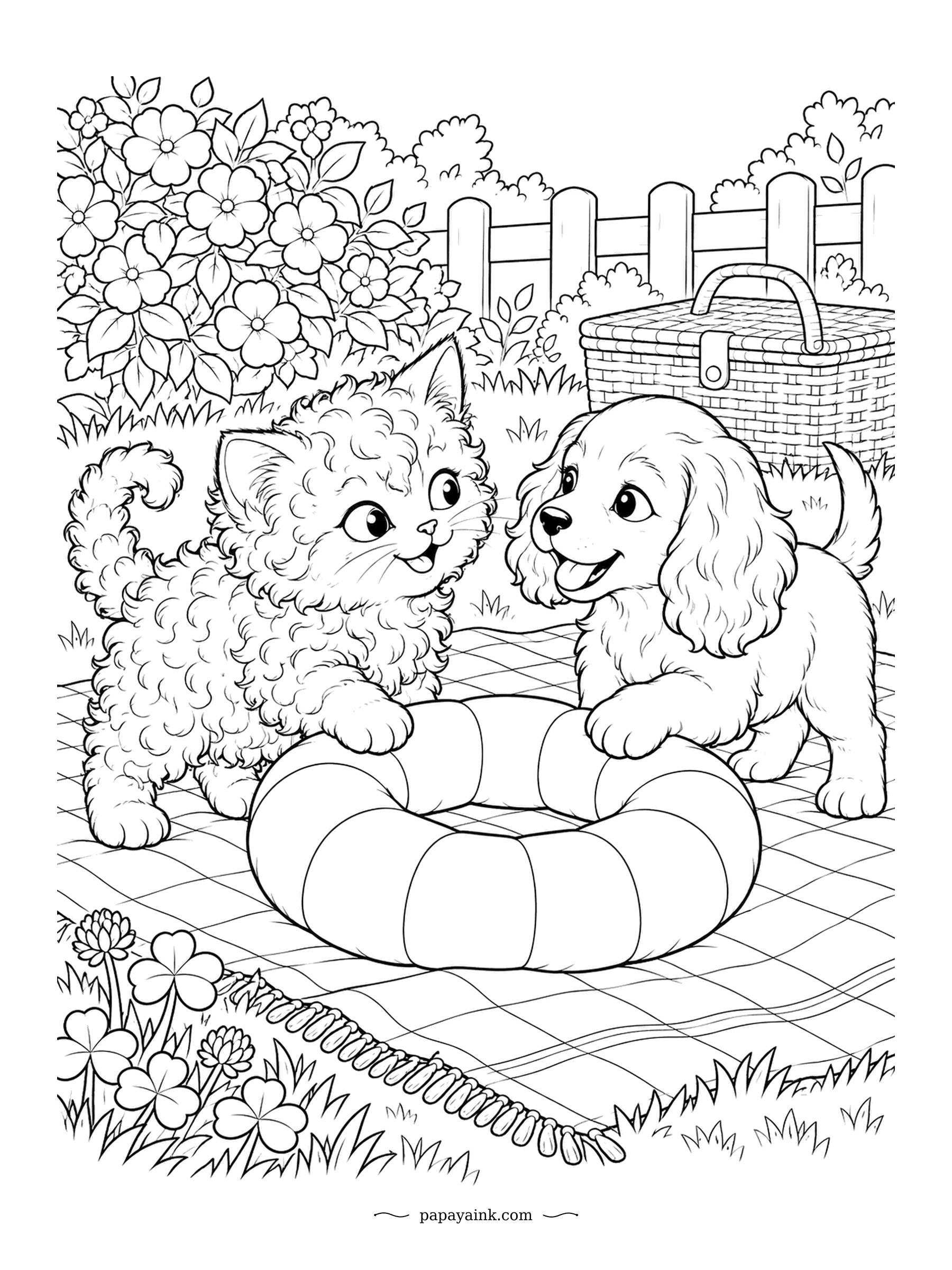 Kitten Coloring Pages - Curly kitten and spaniel puppy, both with paws on the same ring toy, picnic basket in the background. Selkirk Rex curls are there at birth, straighten out, then come back by adulthood. Clover, blossoms and a checked blanket.