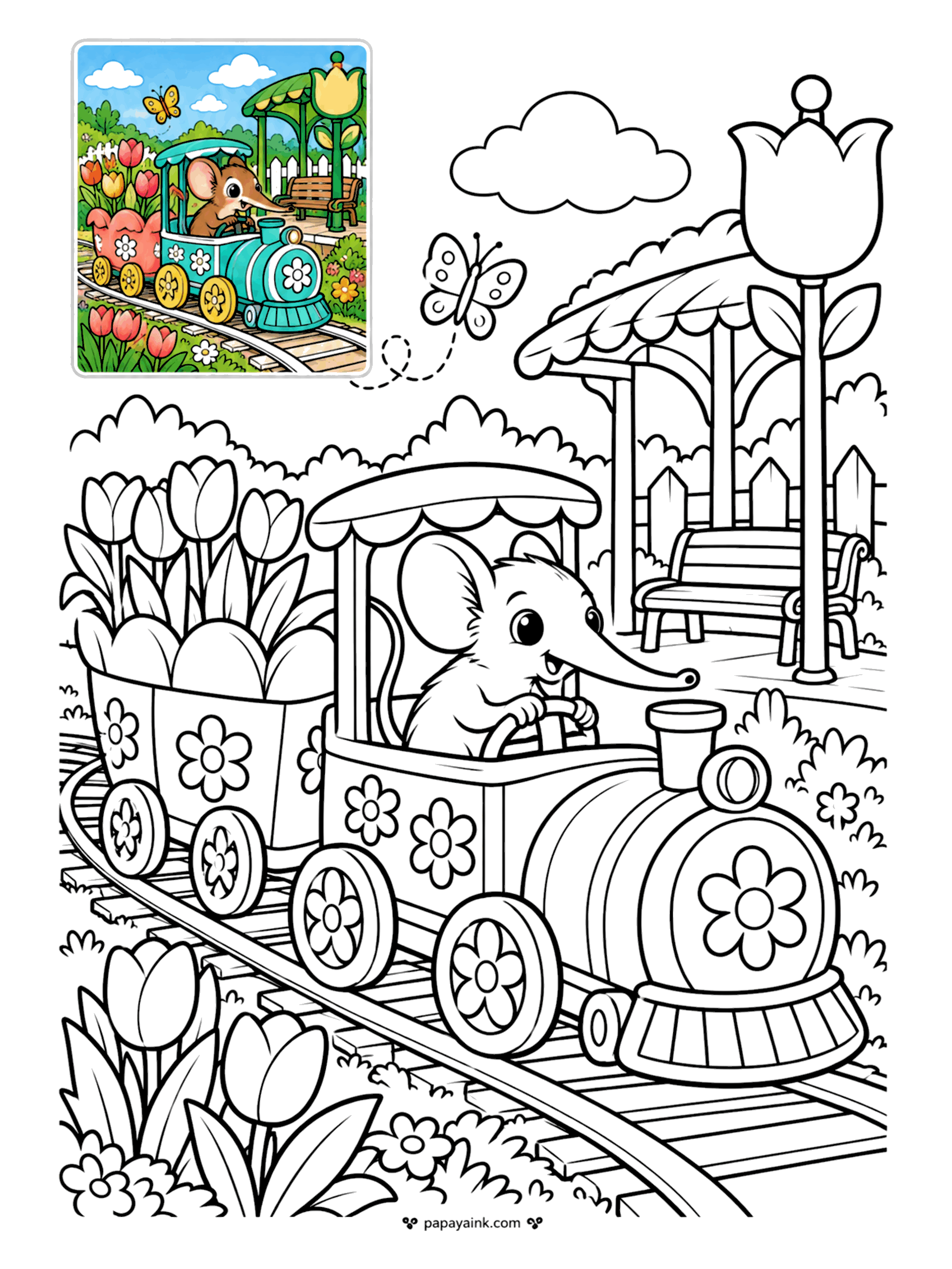 Color Guide Coloring Pages - Sengis are also called elephant shrews, though they are not shrews - that long nose is a clue to their elephant relatives. This one drives a flower-painted train past tulips and a little station. Track, wagons and a tulip lamp post to fill.