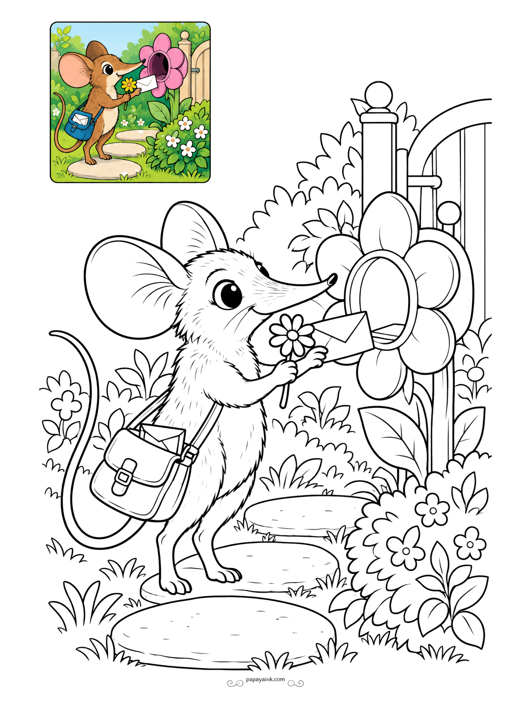 Color Guide Coloring Pages - Mail delivery, garden edition: the sengi drops a letter into a mailbox shaped like a flower, satchel over its shoulder and a daisy in its paw. Stepping stones lead through the bushes. Pink petals for the mailbox, a blue bag.