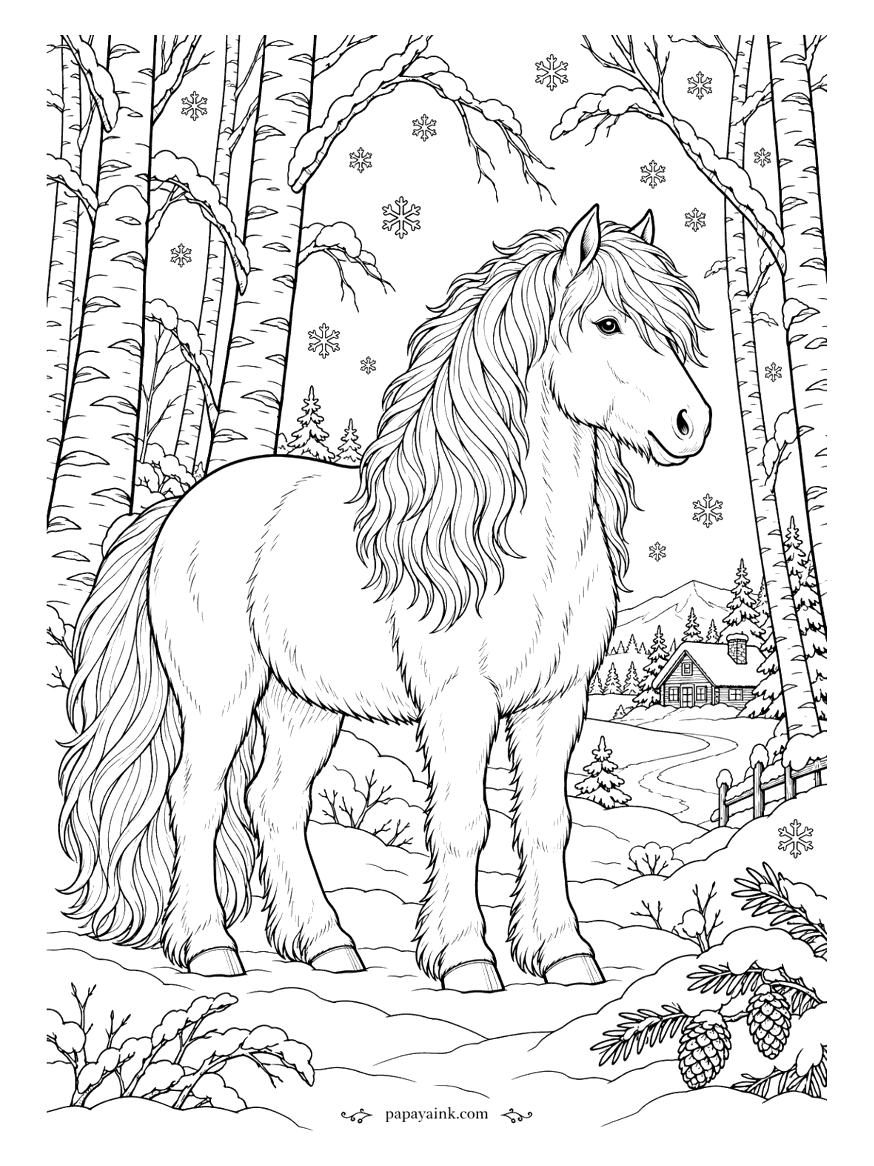 Horse Coloring Pages - Winter coat at full thickness. A shaggy horse stands among snow-laden birches with snowflakes drifting down, a log cabin and a fence in the clearing behind, pine cones at its feet. Leave most of the page white and the birch bark does the drawing for you.