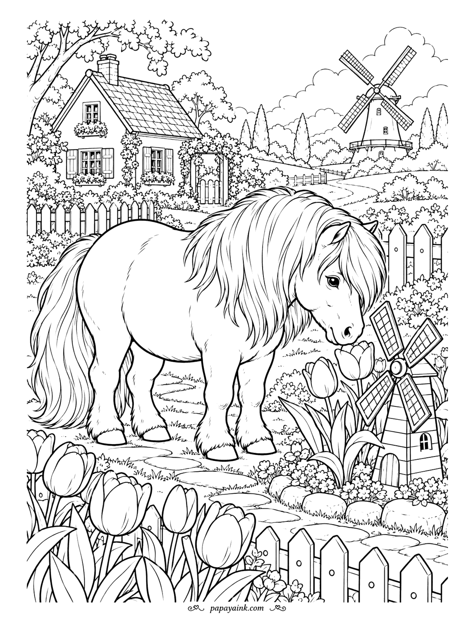 Horse Coloring Pages - Tulip country. A shaggy pony with a forelock over one eye sniffs a tulip in a cottage garden, a little garden windmill at its nose and a real one on the hill behind, picket fences front and back. Detailed - rows of tulips, a thatched roof and all that fluff.