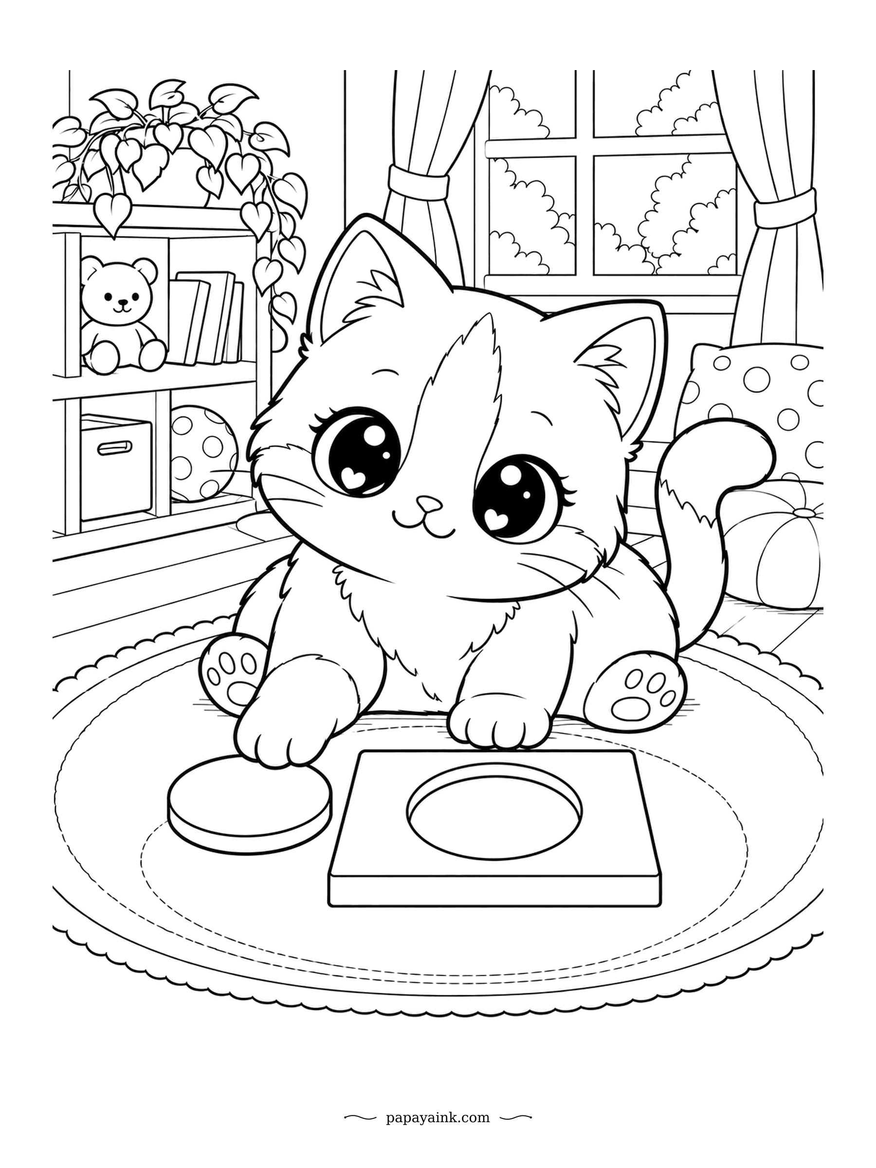 Kawaii Cat Coloring Pages - One circle piece, one circle hole, and a kitten working out how they go together on the play rug. Toys and books line the shelves behind. Large shapes and gentle lines - great for younger colorers.
