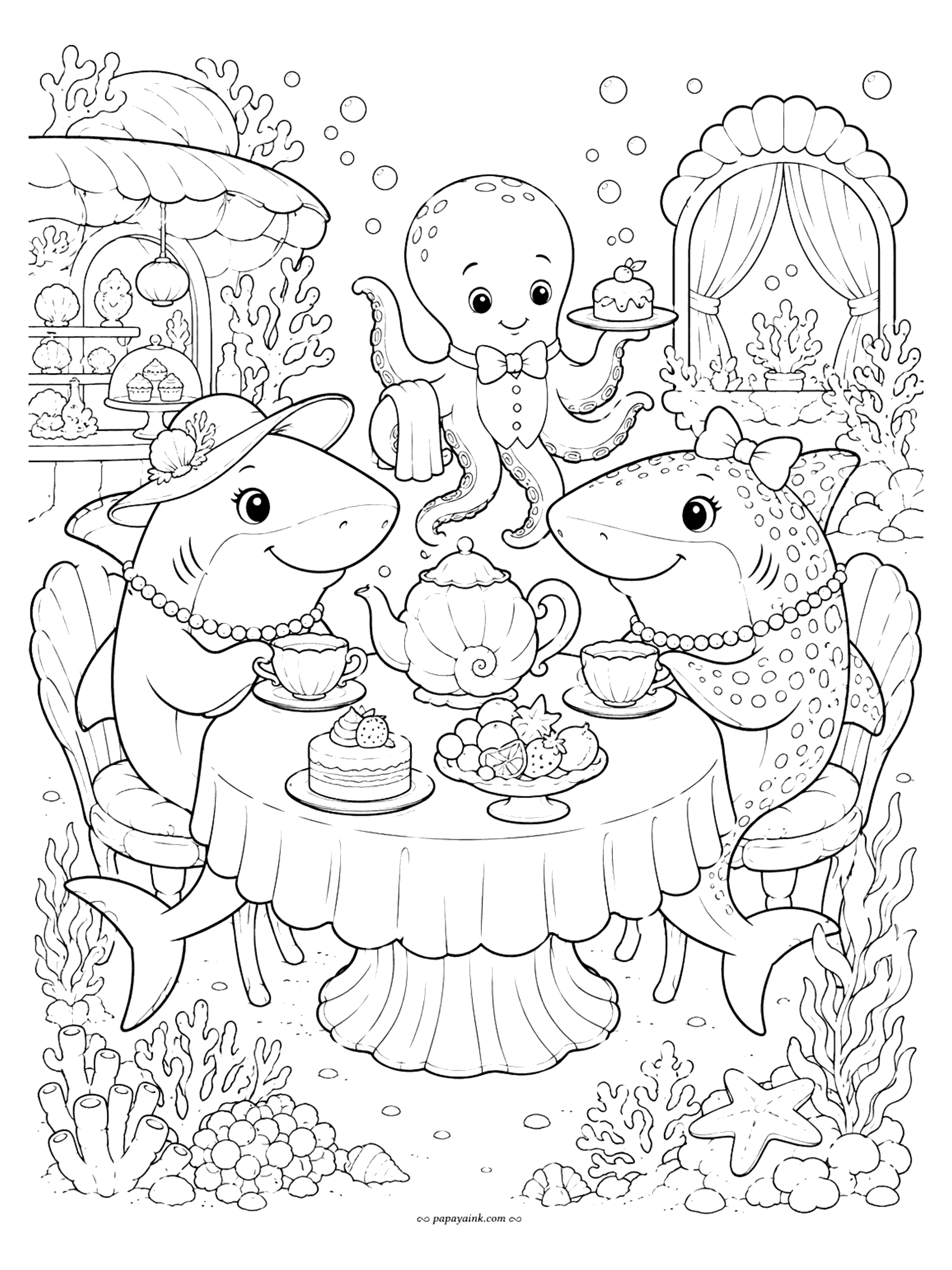 Shark Coloring Pages - Two shark ladies in a sun hat, a bow and pearl necklaces enjoy a tea party served by an octopus waiter.