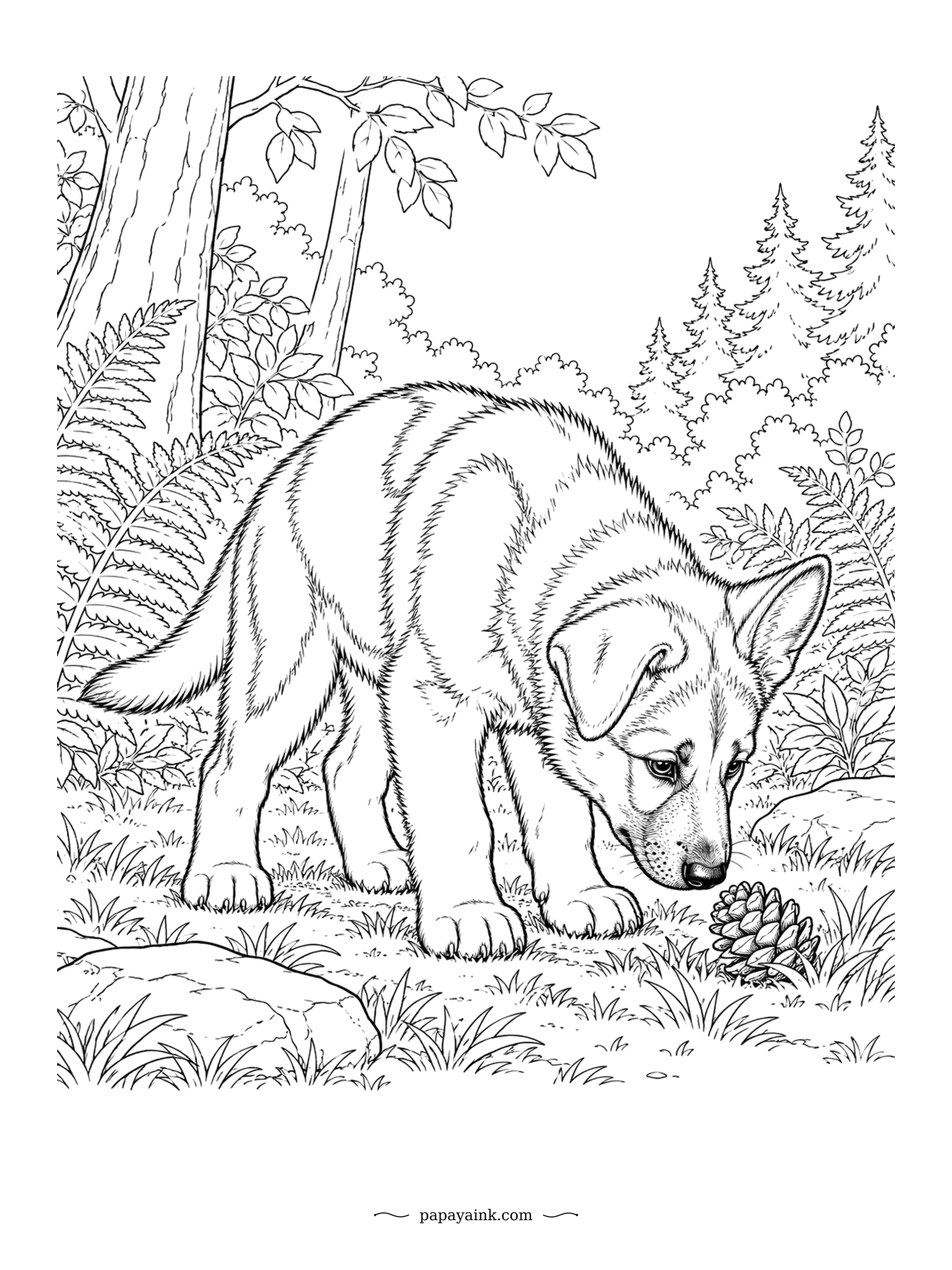 Puppy Coloring Pages - Nose to the ground, the young German shepherd has found a pinecone in the forest clearing and is not sure yet whether it bites. Ferns and pines crowd the woods behind. Detailed - layered fur and rich undergrowth.