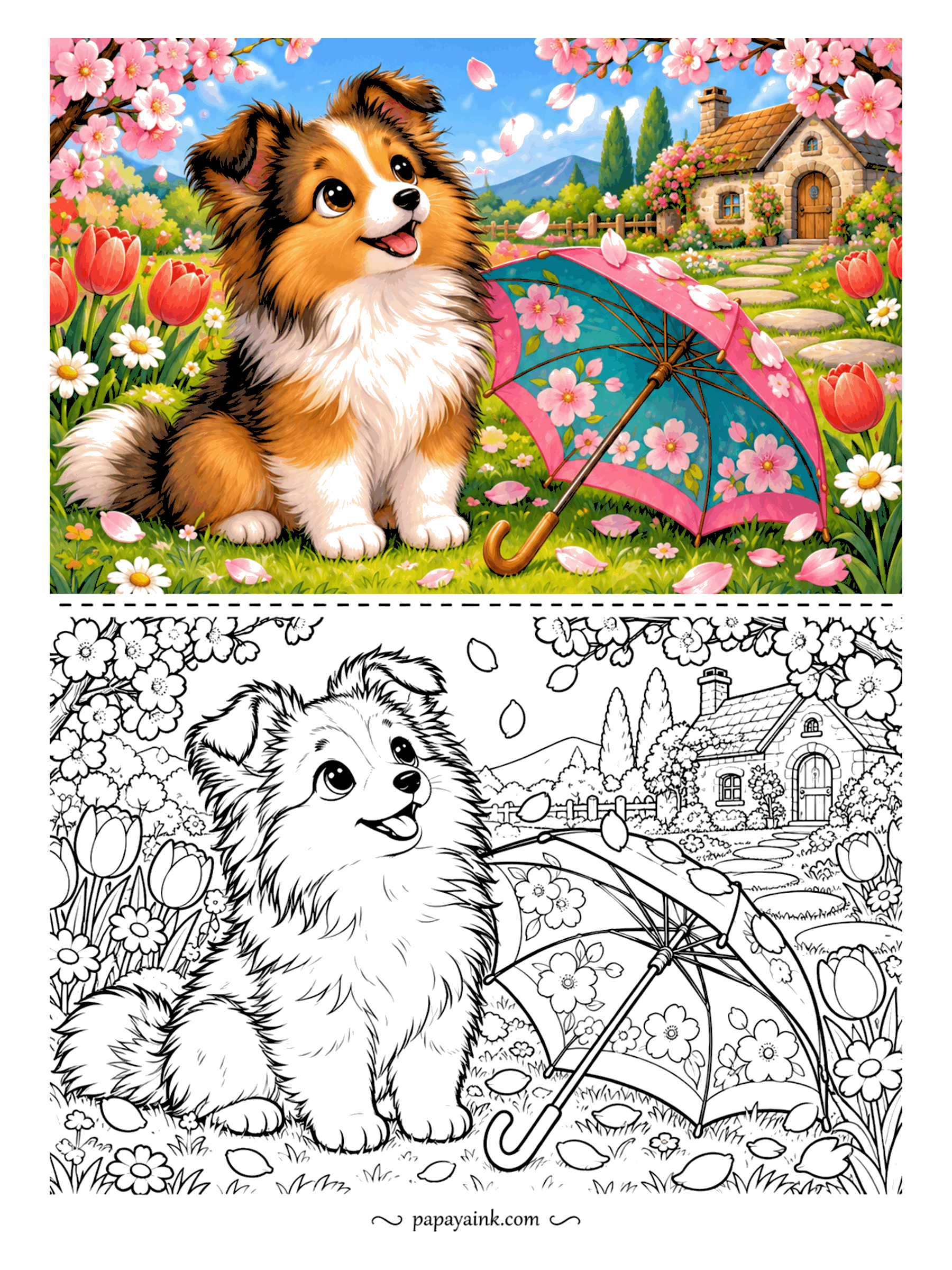 Puppy Coloring Pages - Petals are falling and the Shetland sheepdog puppy is trying to catch one. A flowered umbrella lies open in the tulips and a stone cottage sits up the path. The cherry blossoms alone are a good half hour - Detailed.