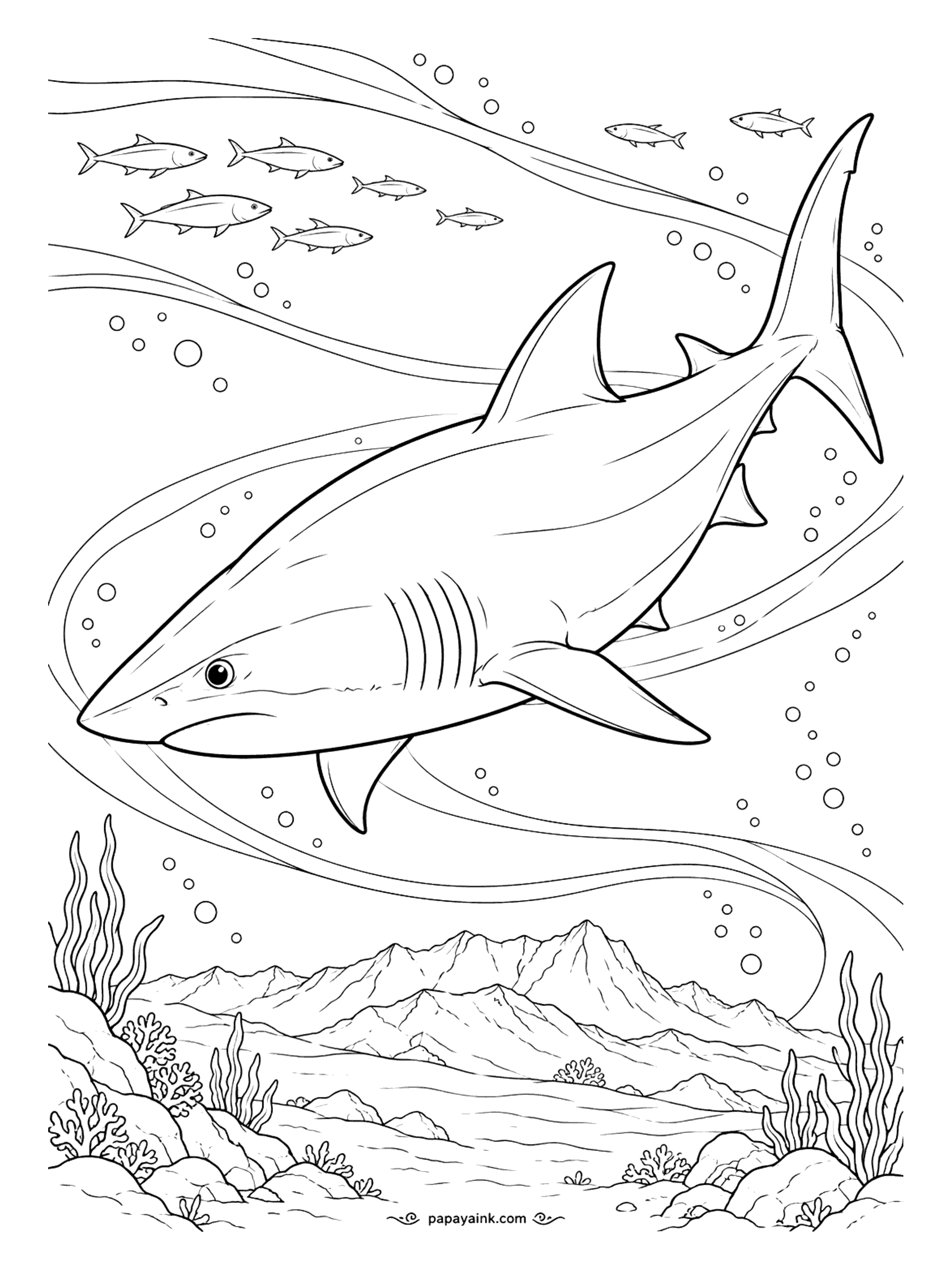 Shark Coloring Pages - Tuna and swordfish are on the mako's menu, and its long, slender teeth stay visible even with the mouth closed. Swirling current lines and a ring of bubbles carry the motion here. Clean outlines - a good page for markers.