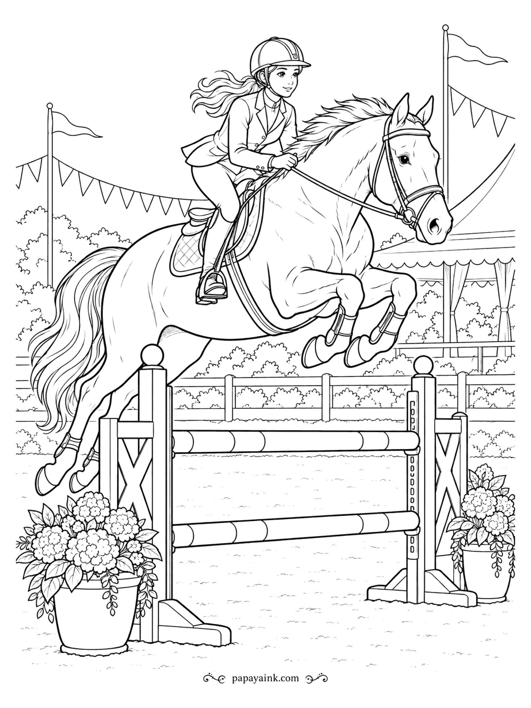 Horse Coloring Pages - Mid-air over the rails, forelegs tucked, tail streaming, the rider's ponytail flying straight back. Bunting, flags and hydrangea pots dress the show ring. Lots of open space on the horse - a bolder page that colors quickly.