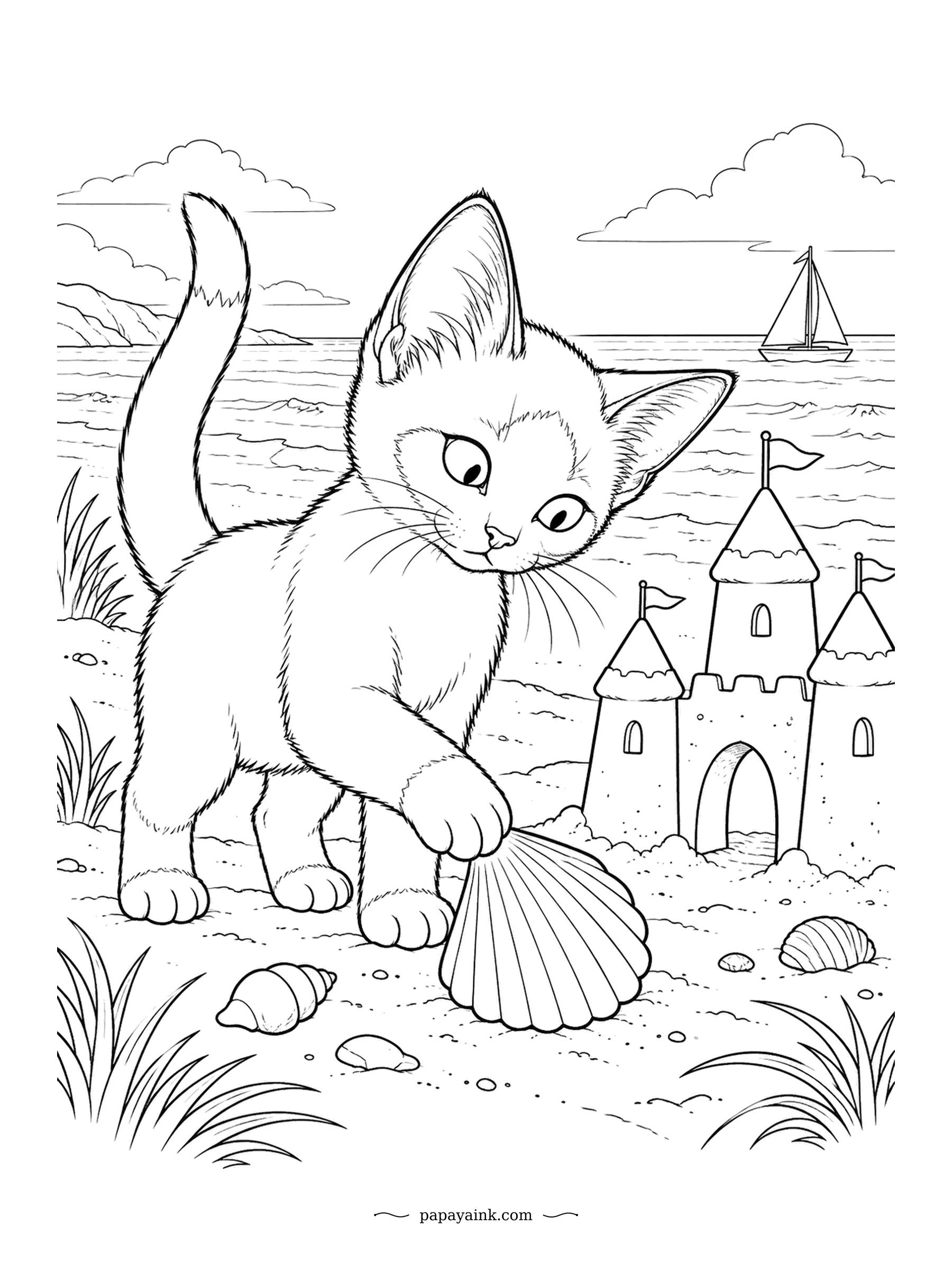 Kitten Coloring Pages - Beach day: paw on a scallop shell beside a sandcastle with flags, sailboat on the horizon. Siamese kittens are born pale and the points on ears, muzzle, paws and tail darken over the opening weeks. Sand, sky and sea - three bands of soft color.