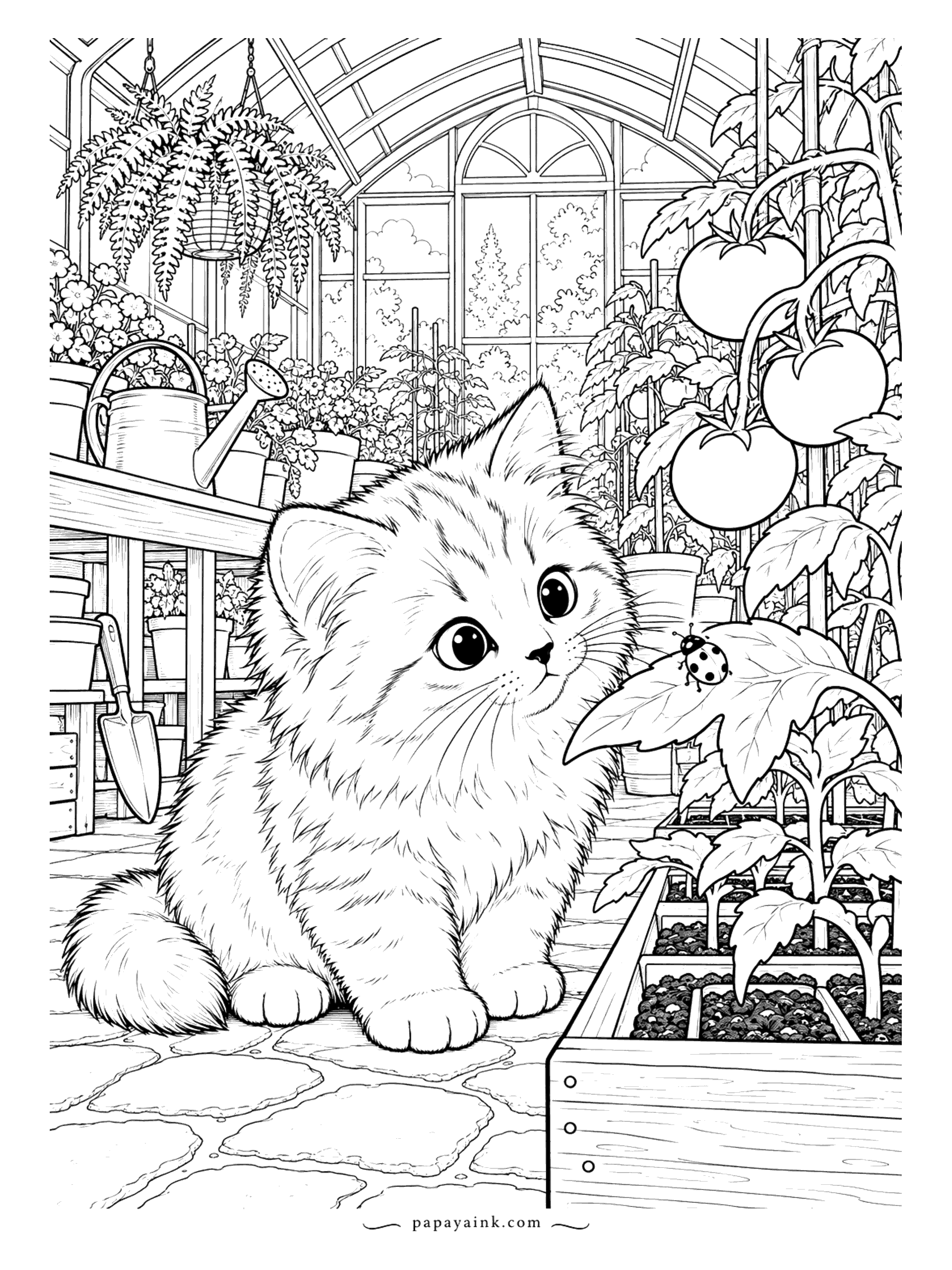 Kitten Coloring Pages - The ladybug landed on the tomato leaf and the Siberian kitten has not moved since. Hanging ferns, watering cans on the bench, raised beds and a glass roof over everything. Lots of leaves - pick two greens and alternate them.