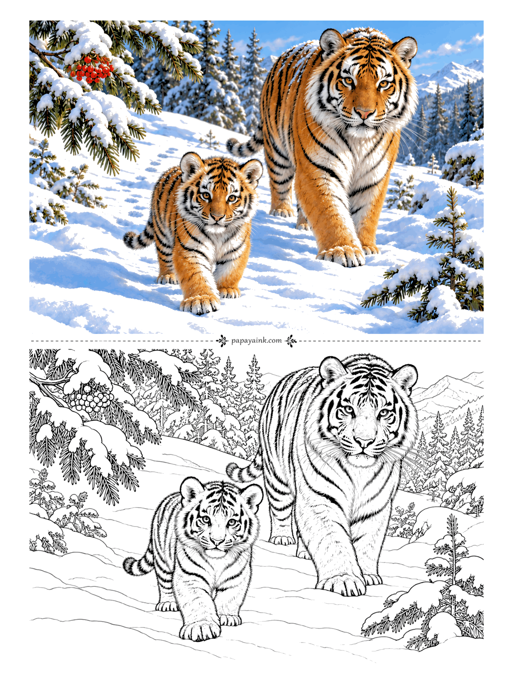 Tiger Coloring Pages - Winter in the far north. A Siberian tiger and her cub come down a snowy slope side by side, thick-furred and unhurried, past spruce boughs and a cluster of red rowan berries. The snow is mostly white paper, so shade it with pale blue.