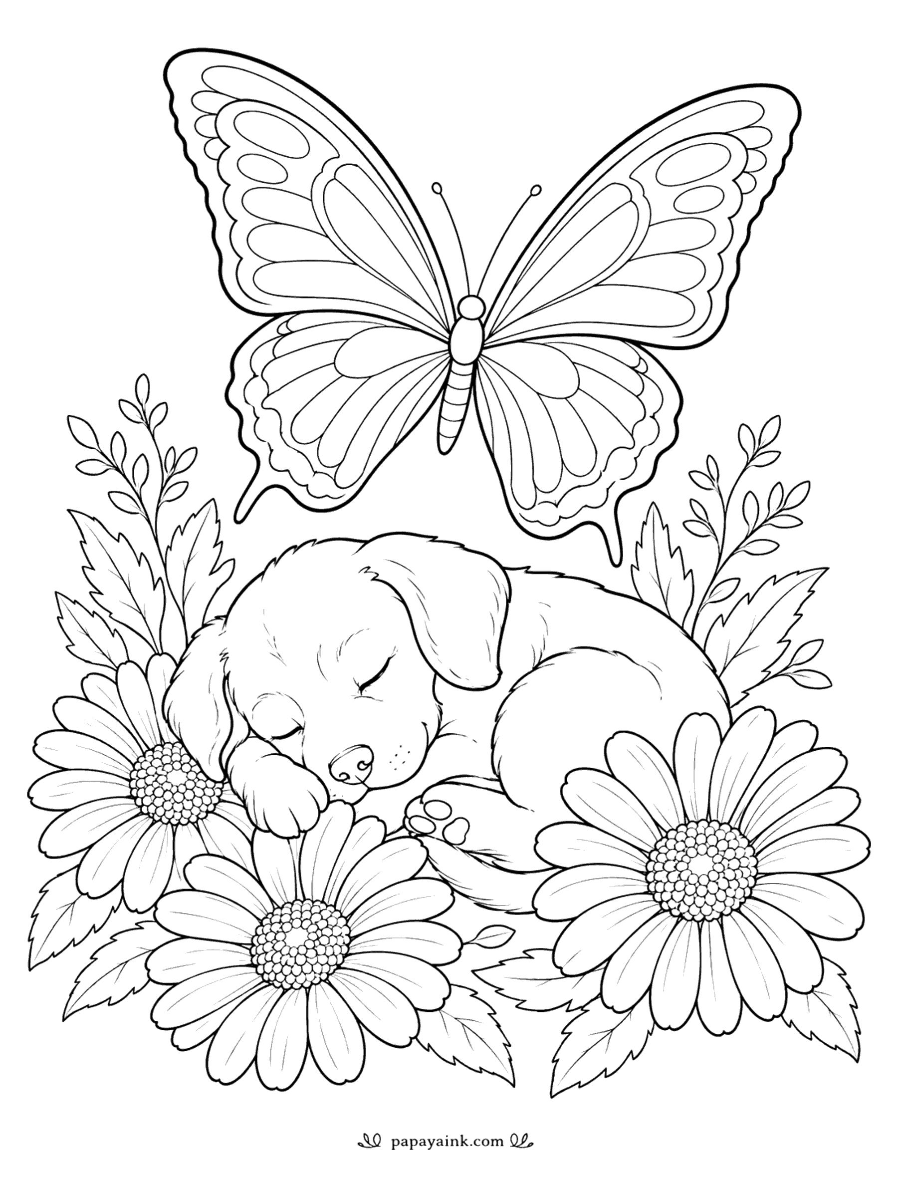 Butterfly Coloring Pages - Puppy and Butterfly Coloring Page: Napping Among the Daisies