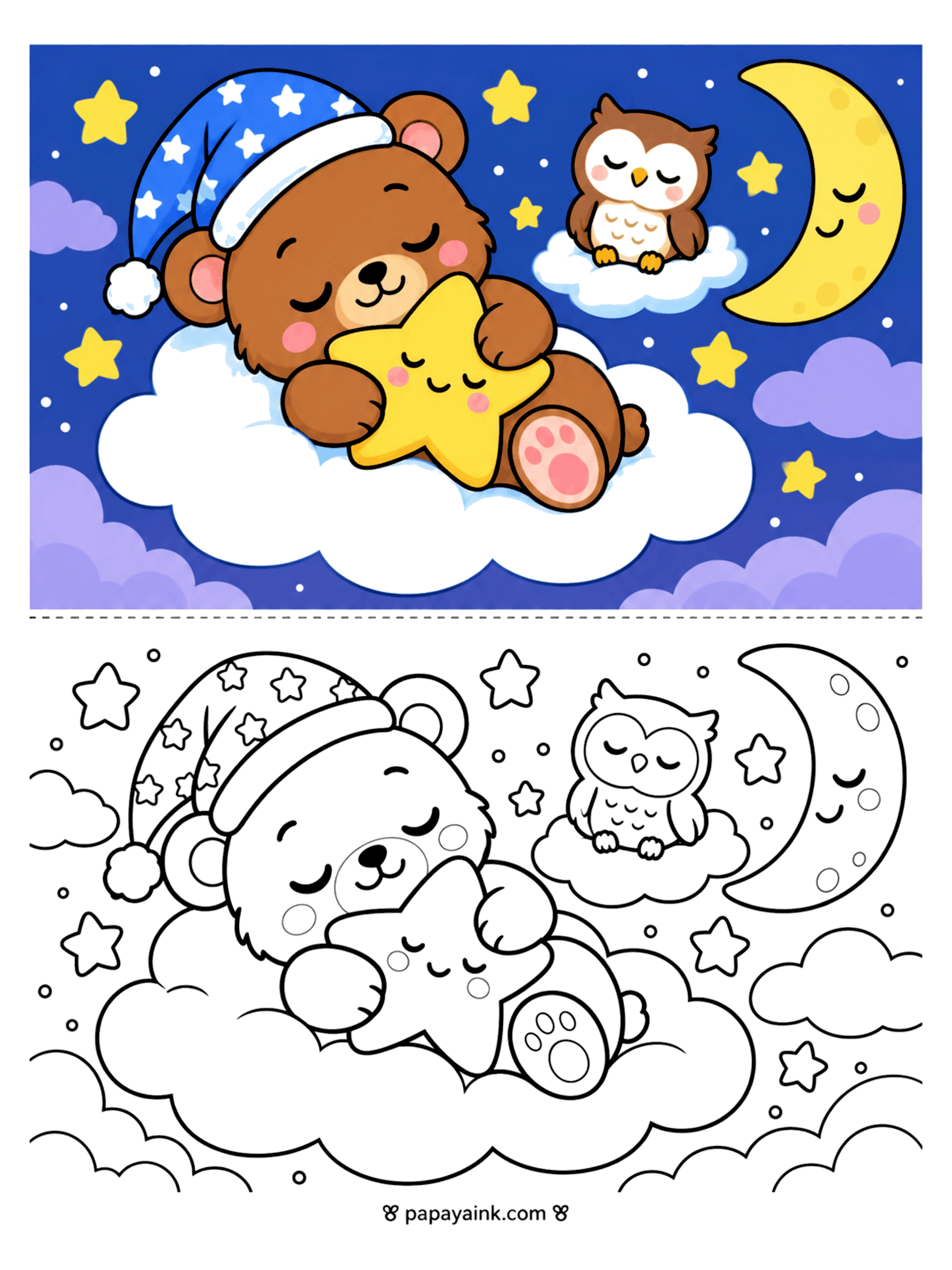 Bear Coloring Pages - Sleepy bear in a nightcap cuddles a smiling star on a cloud while an owl dozes beside the crescent moon.
