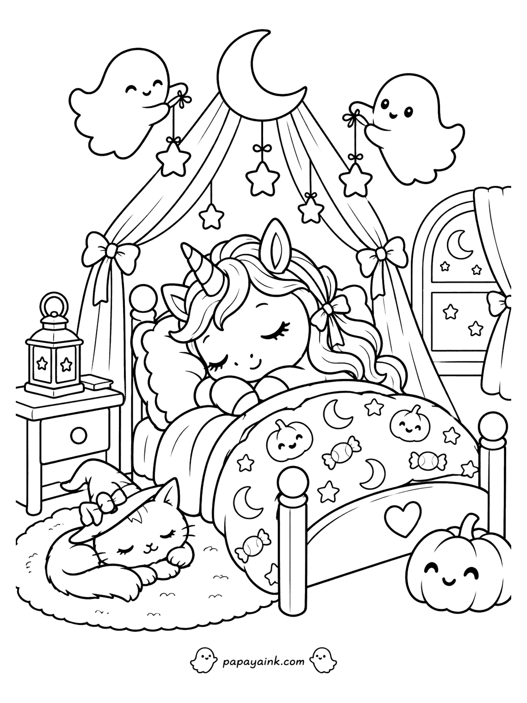 Halloween Unicorn Coloring Pages - Sleepy unicorn tucked under a Halloween quilt while ghosts hang stars on the canopy and a kitten naps in a witch hat.