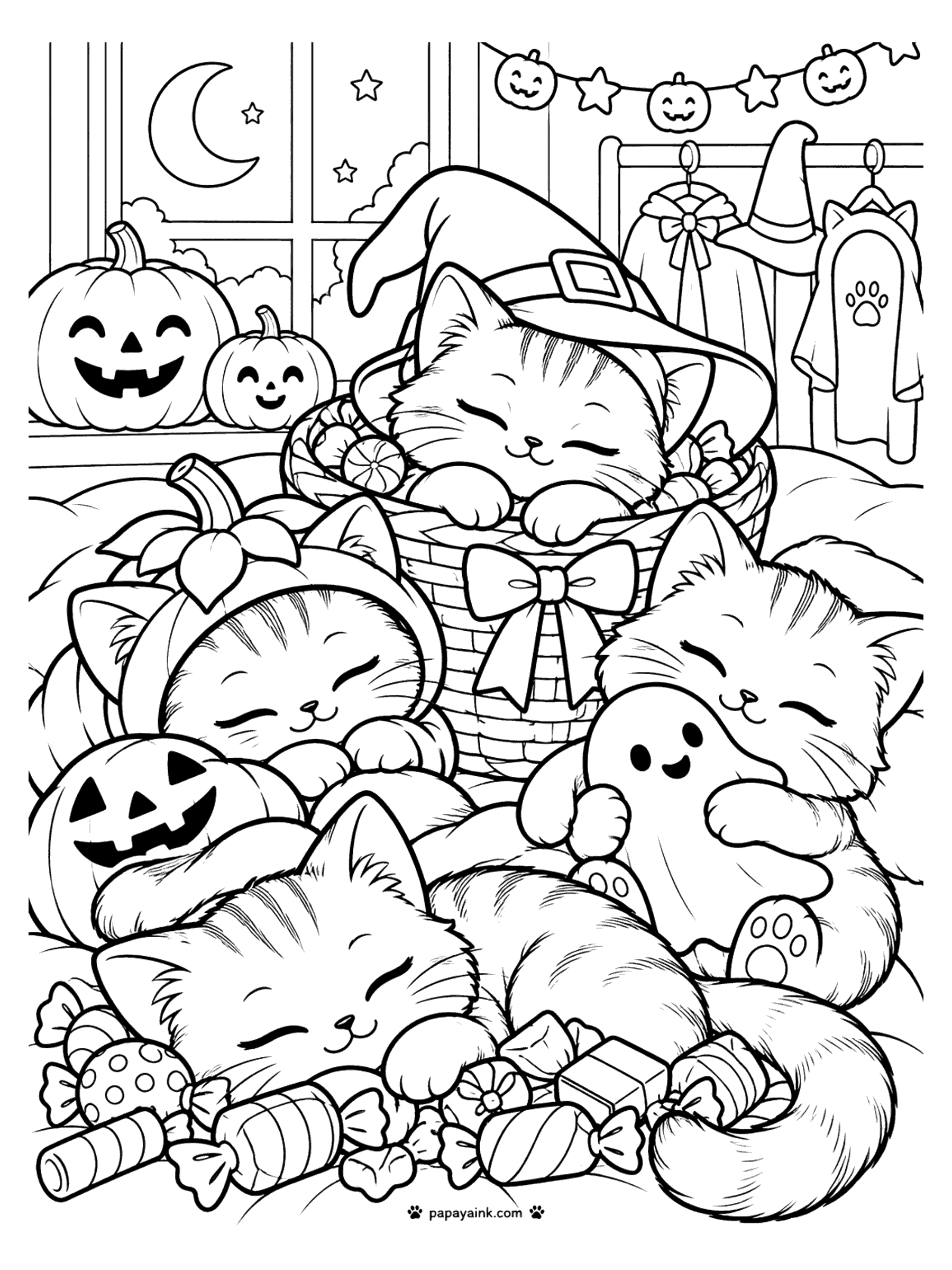 Halloween Cat Coloring Pages - Sleepy kittens in Halloween costumes snoozing in a candy basket and a pumpkin hat pile after trick-or-treating.