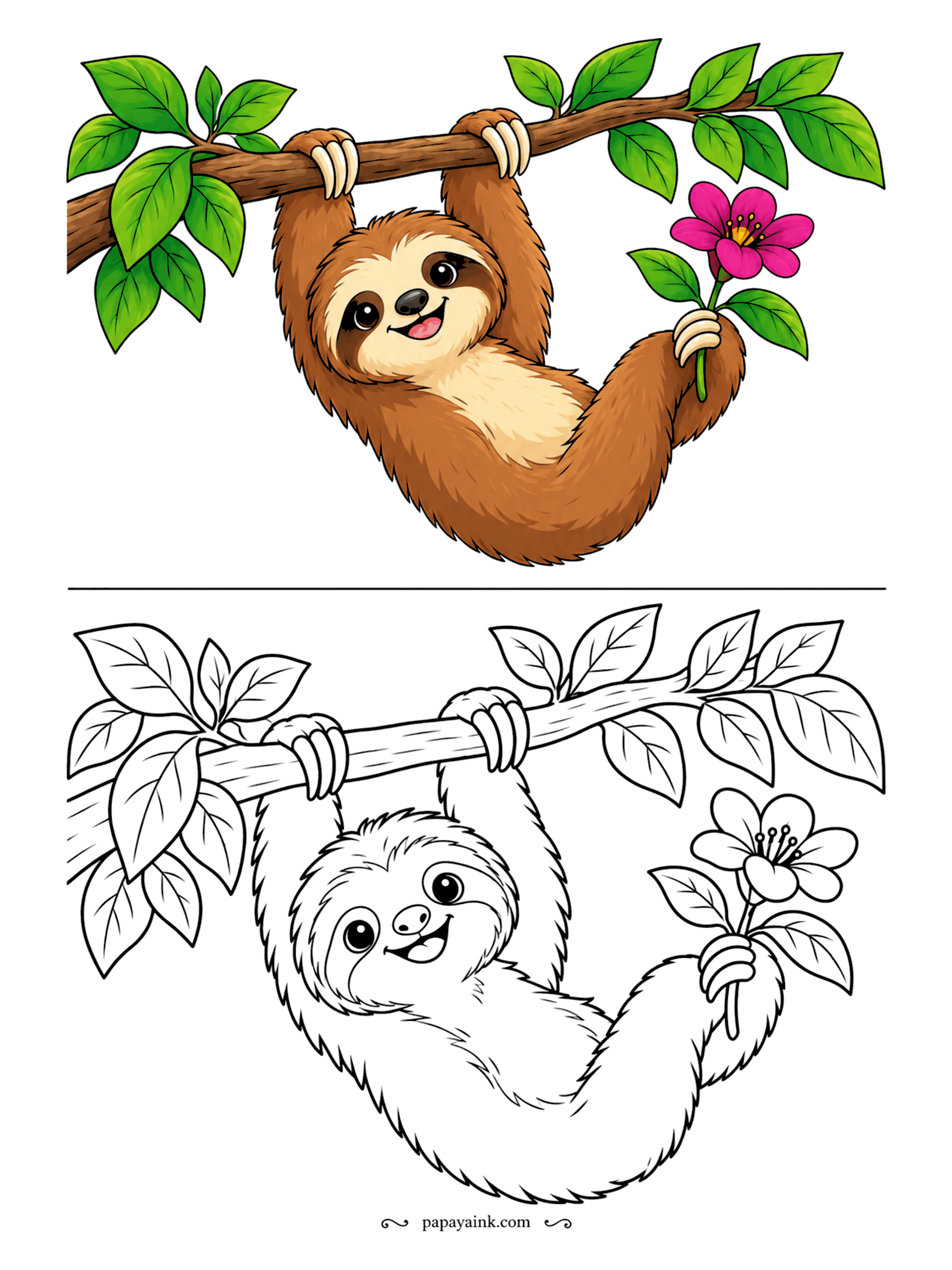 Copy Coloring Pages - Sloths spend most of their lives upside down, so hanging by one arm is nothing special. This one has picked a flower with the other. Leafy branch, shaggy fur - try three browns layered from light to dark.
