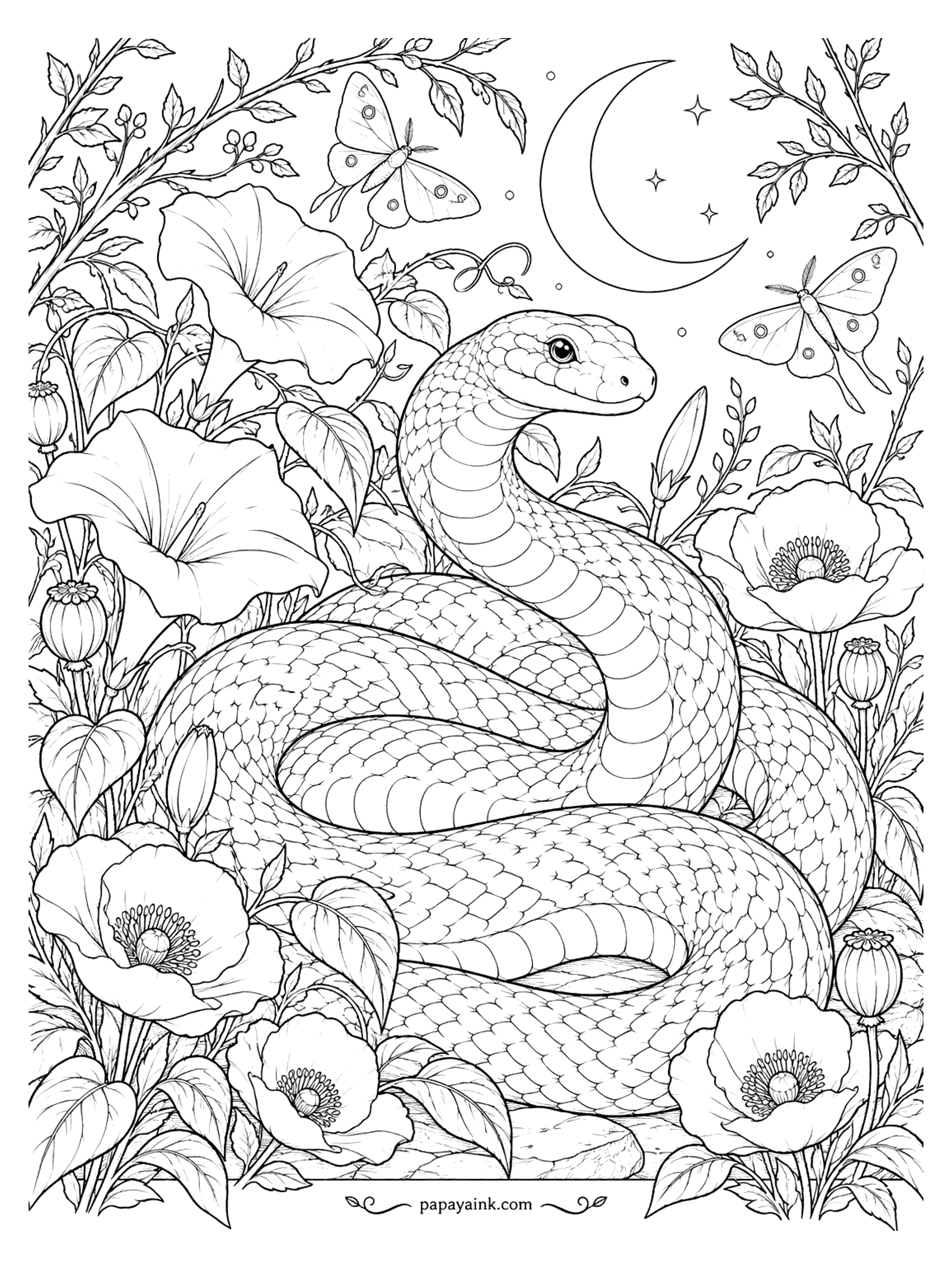 Snake Coloring Pages - A snake rests in coils among poppies and morning glories while luna moths flutter beneath a crescent moon.
