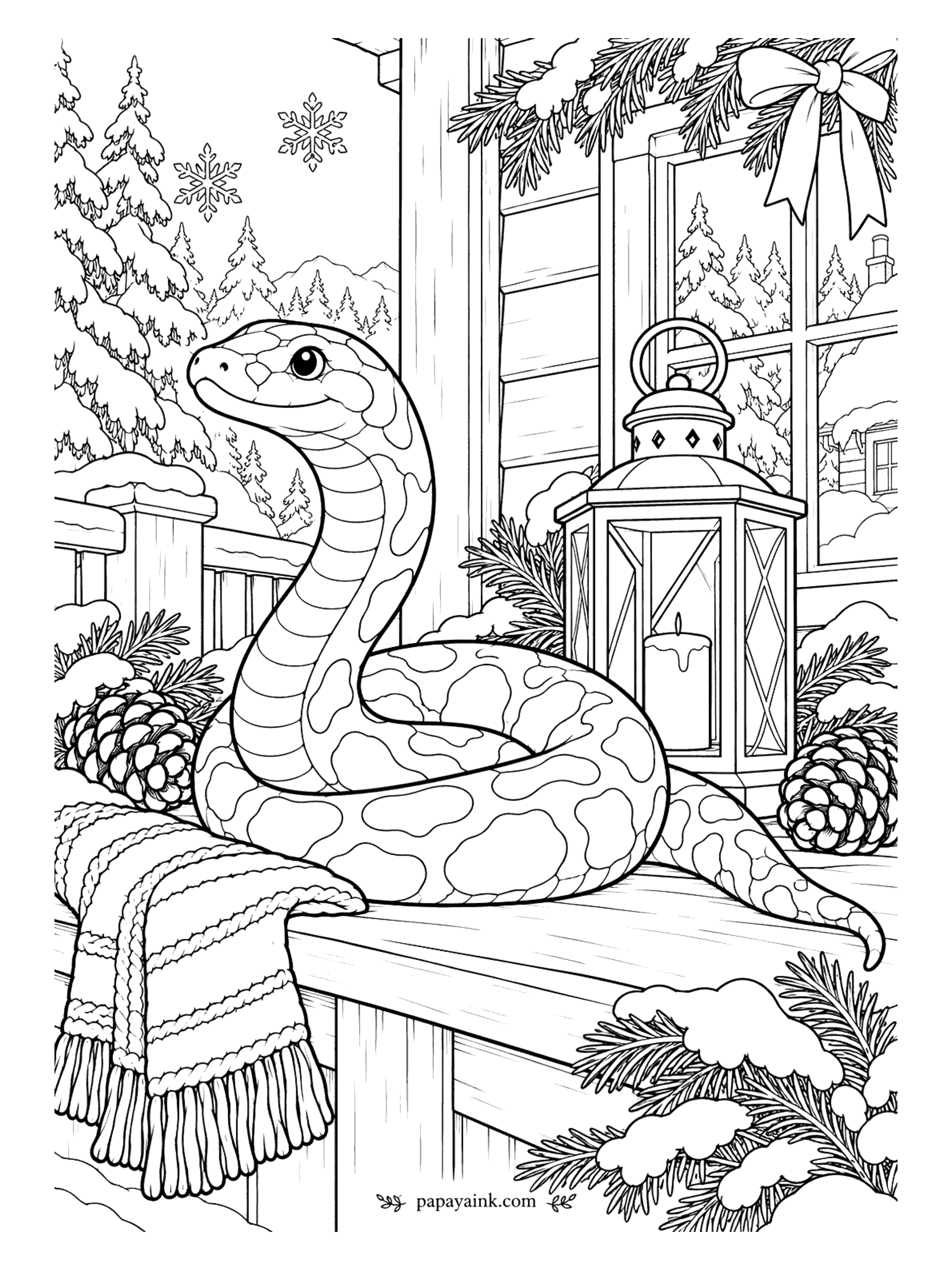 Snake Coloring Pages - Snow on the porch, a candle lantern, pine cones and a knitted blanket folded on the bench. The snake has come out to see the snowflakes and will probably go back in soon. Detailed.