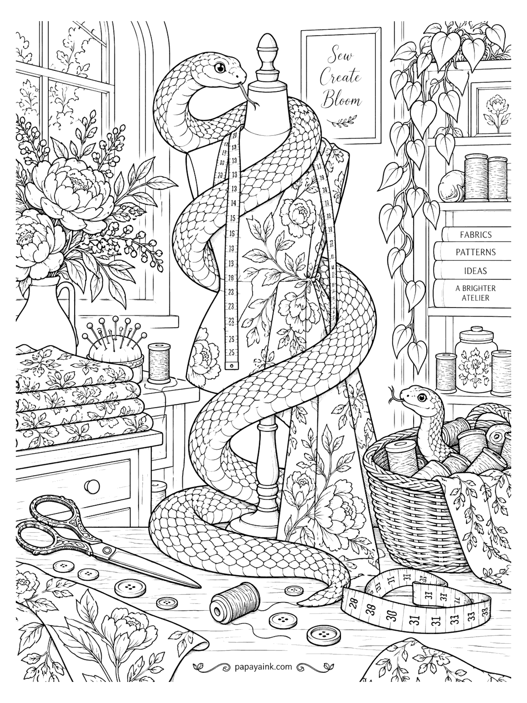 Snake Coloring Pages - A snake spirals around a dress form draped in floral fabric in a sunny sewing atelier, with a second snake in the basket of thread. Detailed.