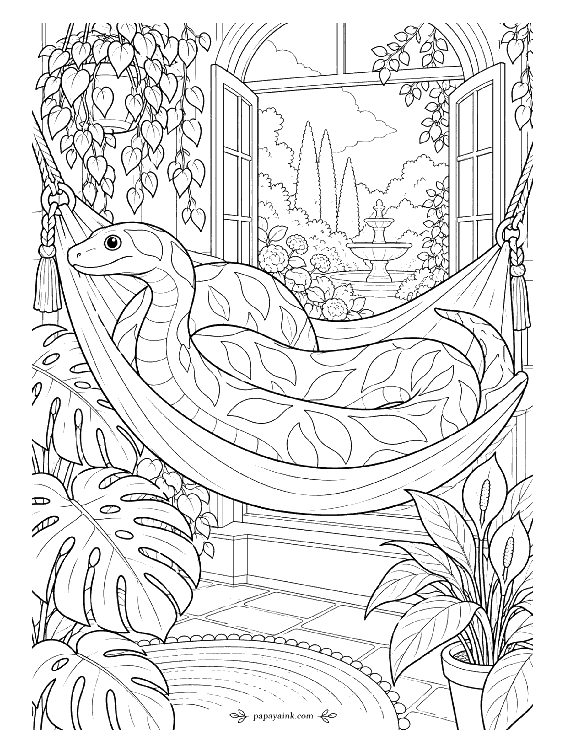 Snake Coloring Pages - Siesta in a hammock. A snake with leaf-shaped markings sways by an open window, monstera leaves below and a fountain in the courtyard outside. Large, restful shapes for a slower session.