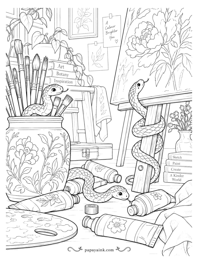 Snake Coloring Pages - Three friendly snakes explore a painter's studio, one peeking from a jar of brushes, one wrapped around the easel, one nosing through paint tubes. Detailed.