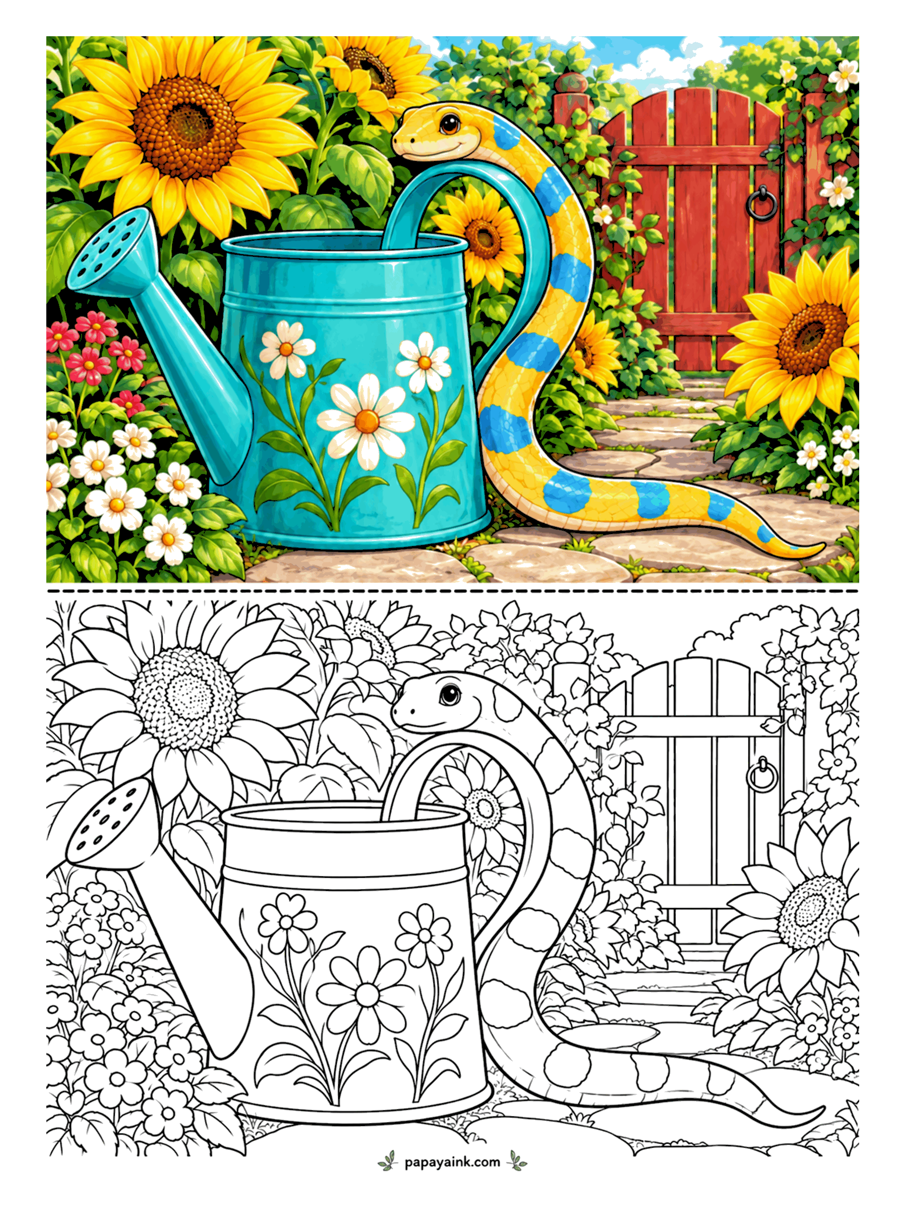 Snake Coloring Pages - The watering can has a new occupant. A yellow-and-blue snake pours itself out of the spout among sunflowers and daisies, with a red garden gate in the background. Try the painted flowers on the can in colors that clash with the snake. Detailed.
