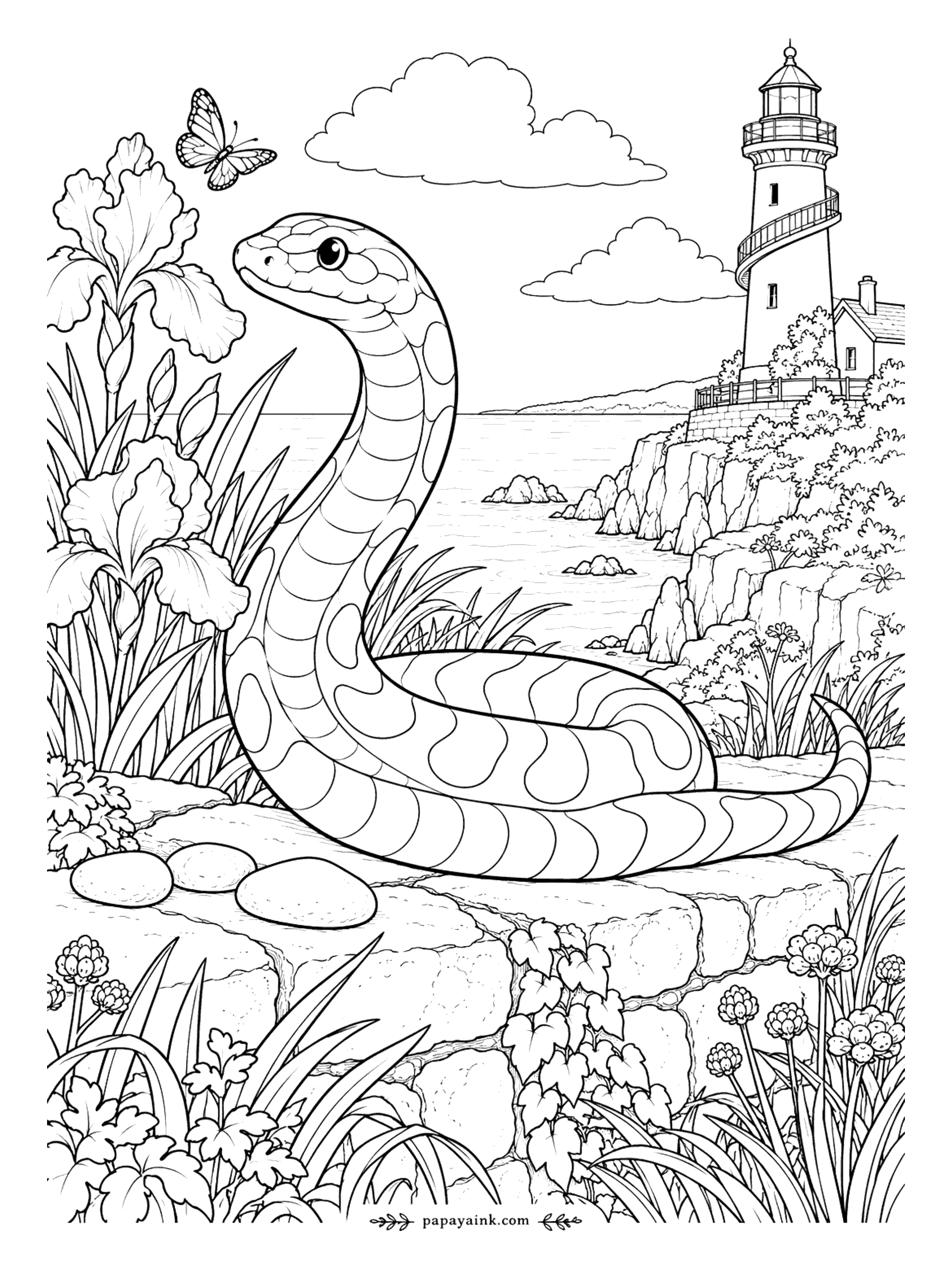 Snake Coloring Pages - Bearded irises in a clifftop garden, a lighthouse on the headland and a butterfly passing overhead. The snake looks out to sea from a sun-warmed stone. Detailed.
