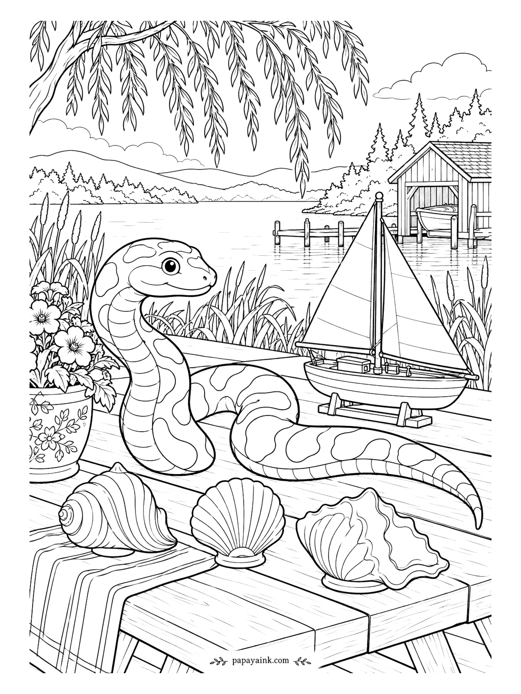 Snake Coloring Pages - On a lakeside dock, a snake inspects a model sailboat set out among shells and a pot of flowers, with a boathouse and pines on the far shore. Calm water and big sky - good for soft blending.