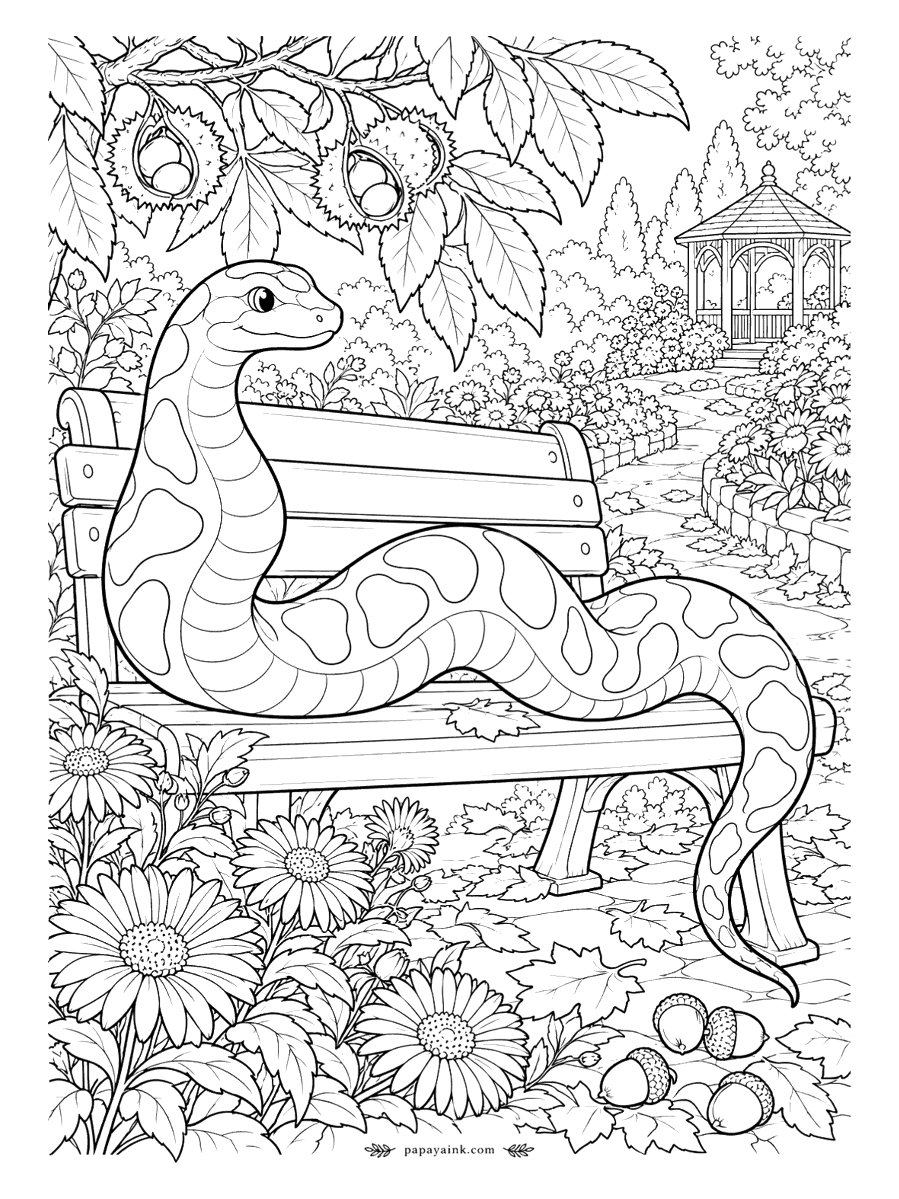 Snake Coloring Pages - Autumn in the park. A snake has stretched out along a bench under a chestnut tree, conkers split open on the ground and a gazebo at the end of the path. Detailed.