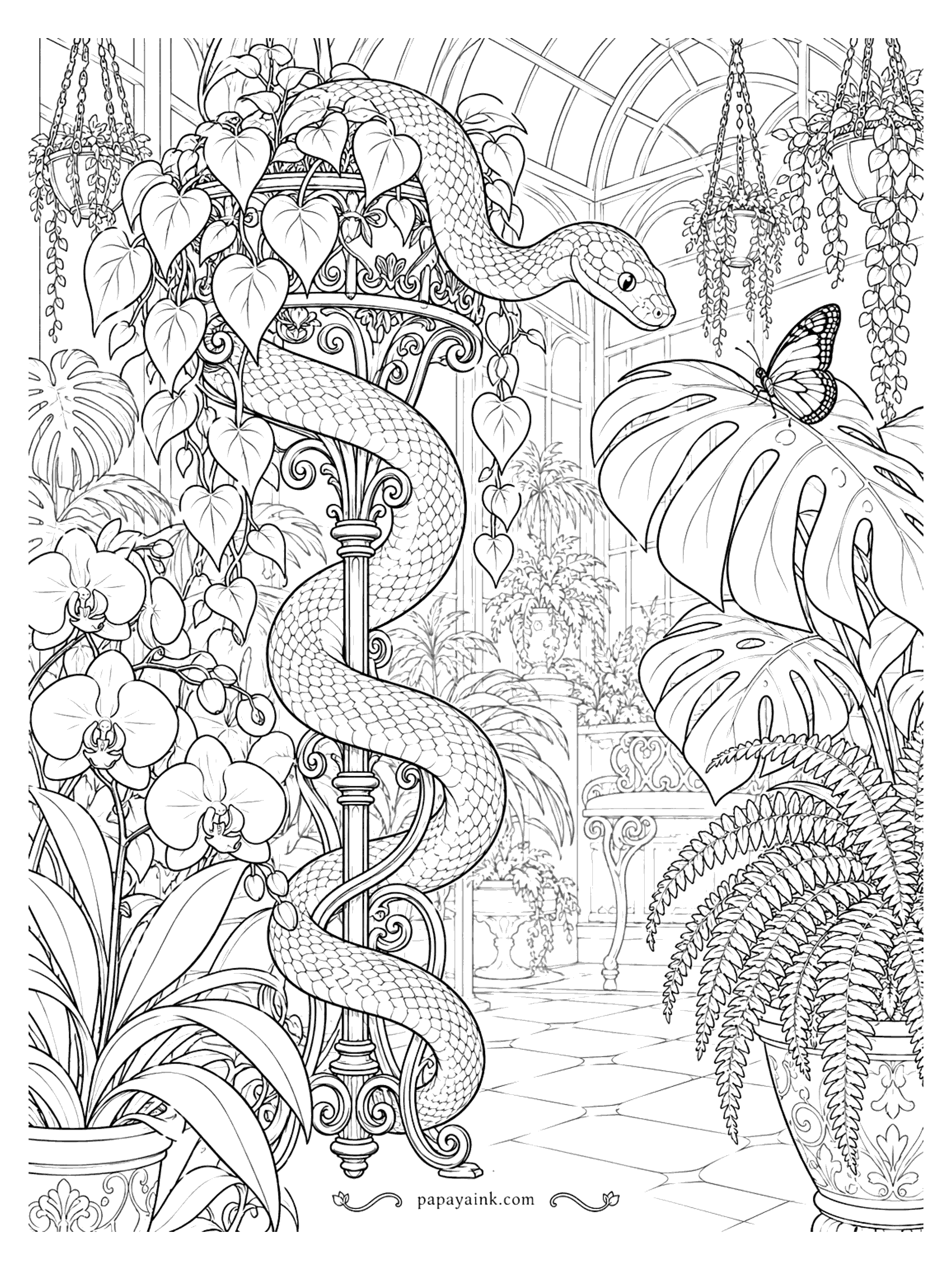 Snake Coloring Pages - A snake spirals down an ornate iron post in a Victorian greenhouse full of orchids, monstera leaves and hanging planters. Detailed.