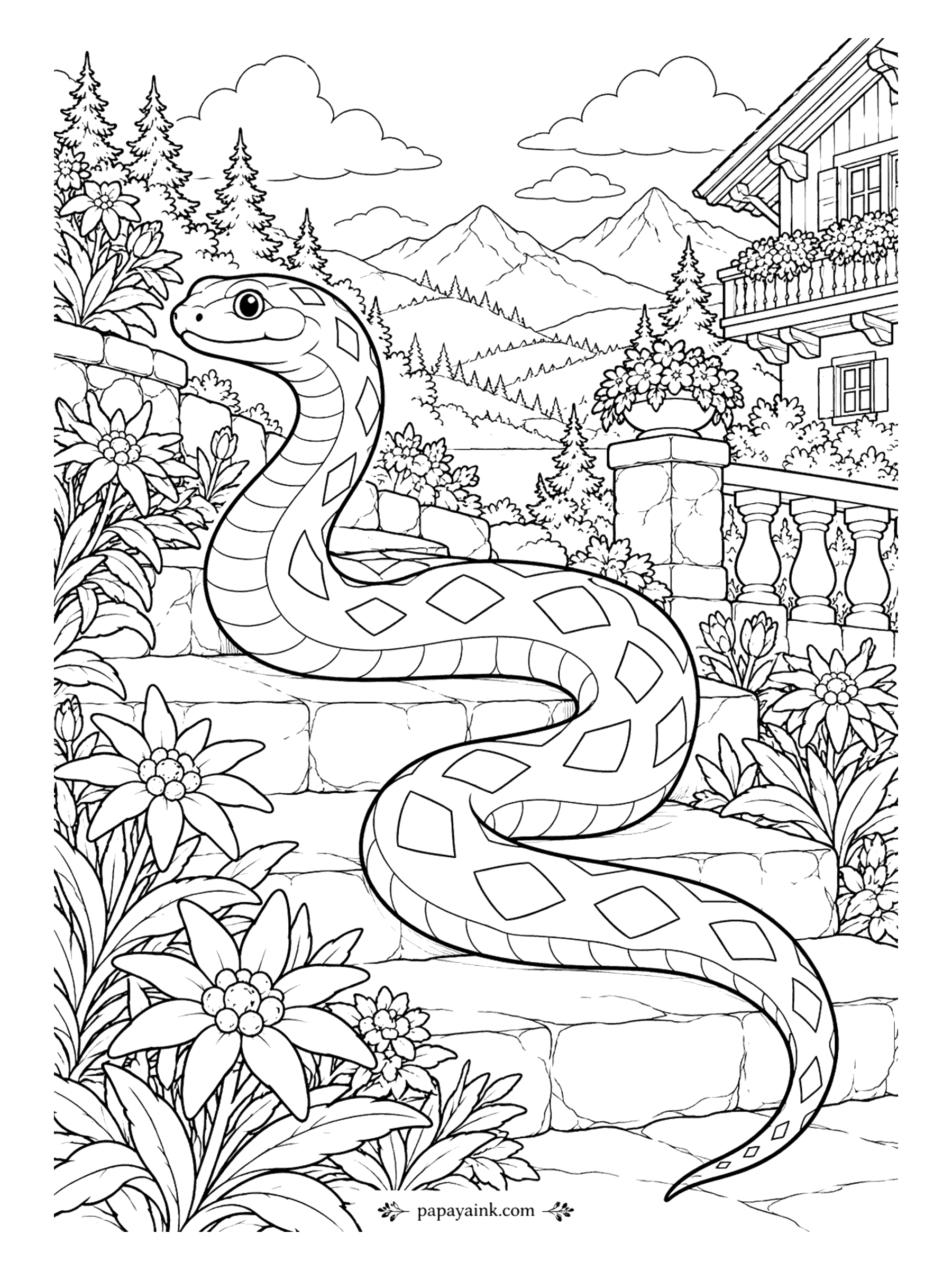 Snake Coloring Pages - Stone steps climb through an alpine garden, edelweiss along the path and a chalet with flower-filled balconies above. The snake descends the stairs one landing at a time. Detailed.