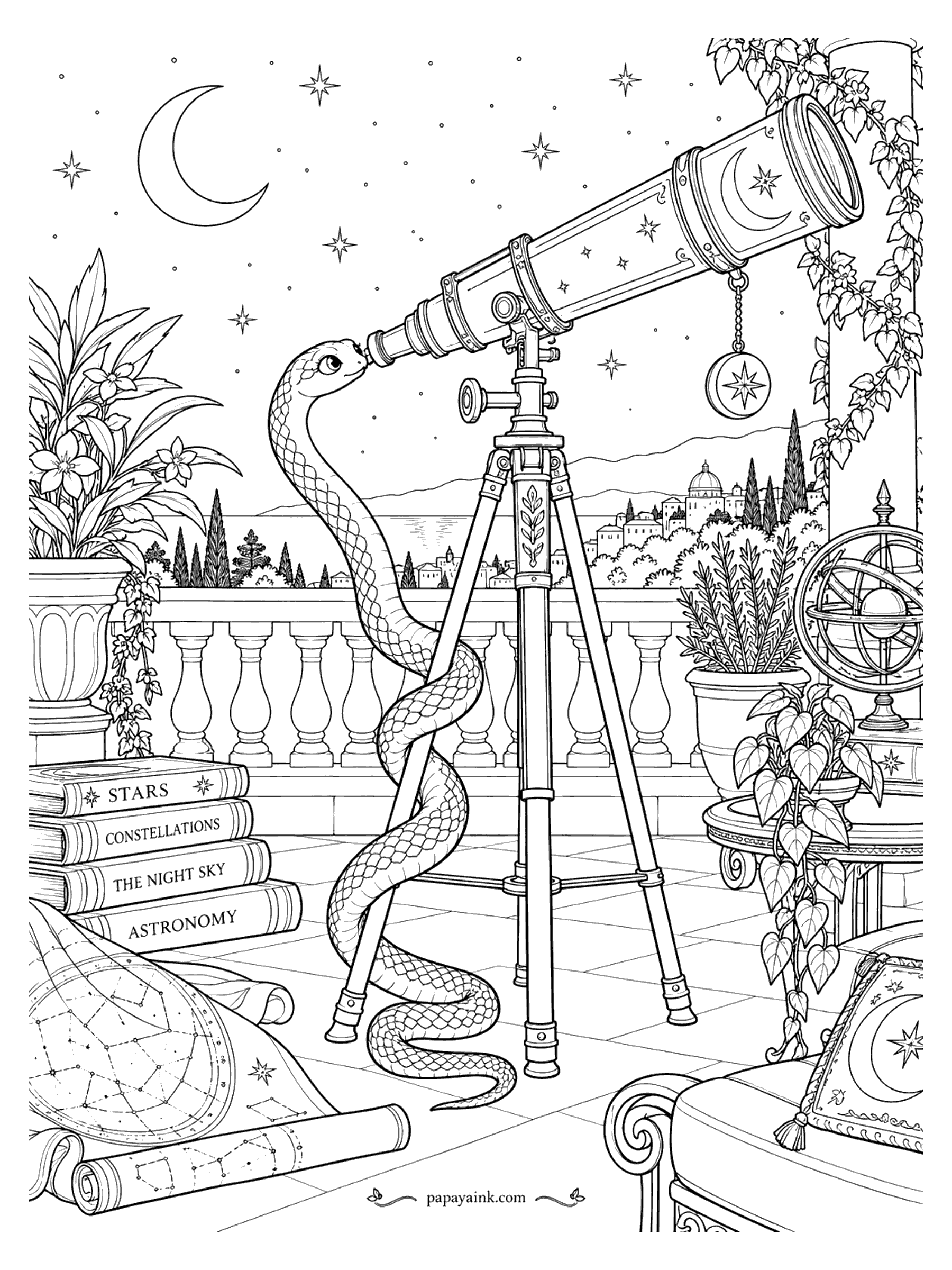 Snake Coloring Pages - A curious snake peers into a brass telescope on a starlit terrace above a hillside town, with astronomy books and a star map at its feet. Detailed.