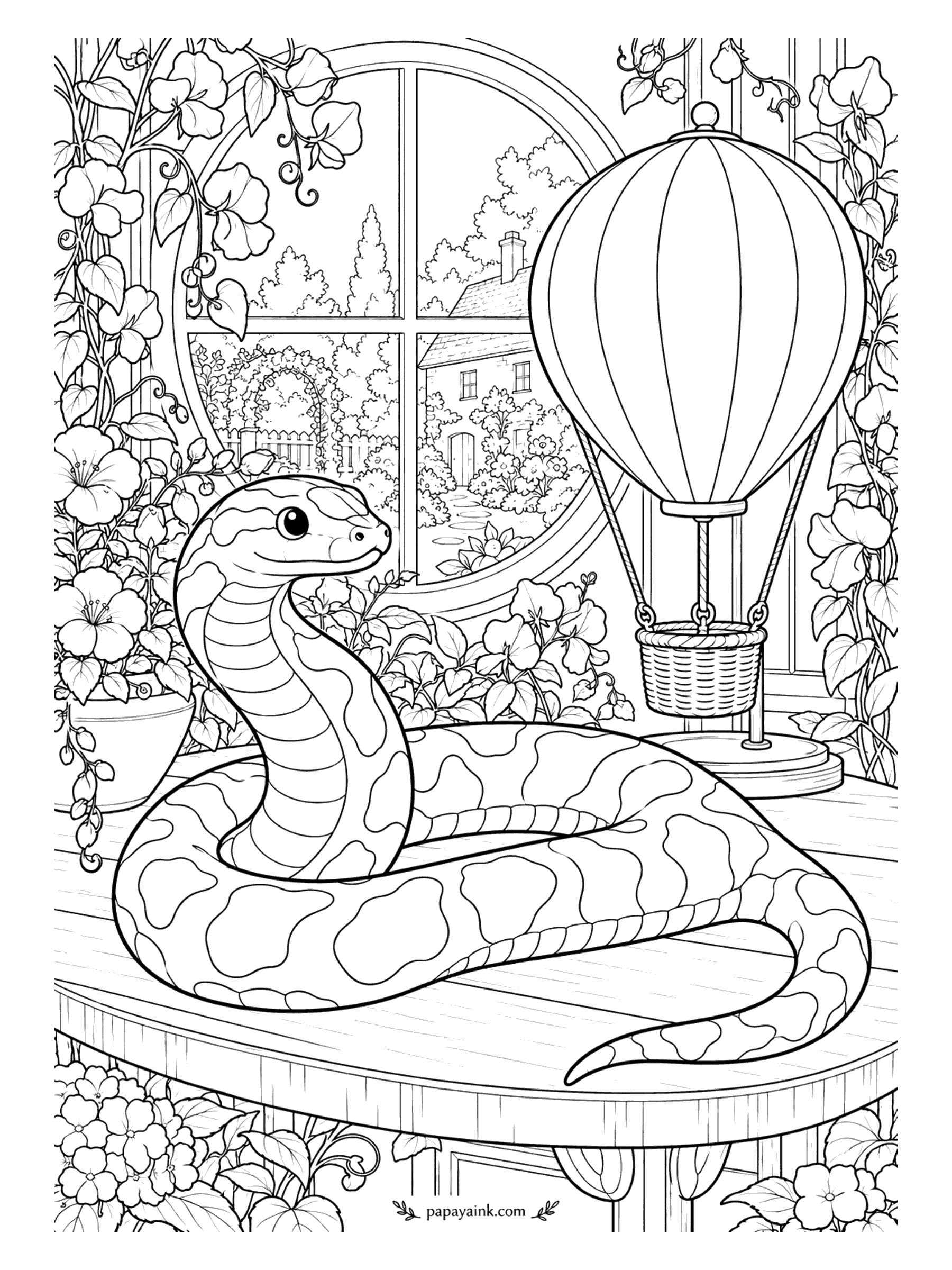 Snake Coloring Pages - A desk model of a hot air balloon stands beside a round window, and the snake on the tabletop seems to be considering a trip. Climbing roses frame the view of a garden path. Detailed.