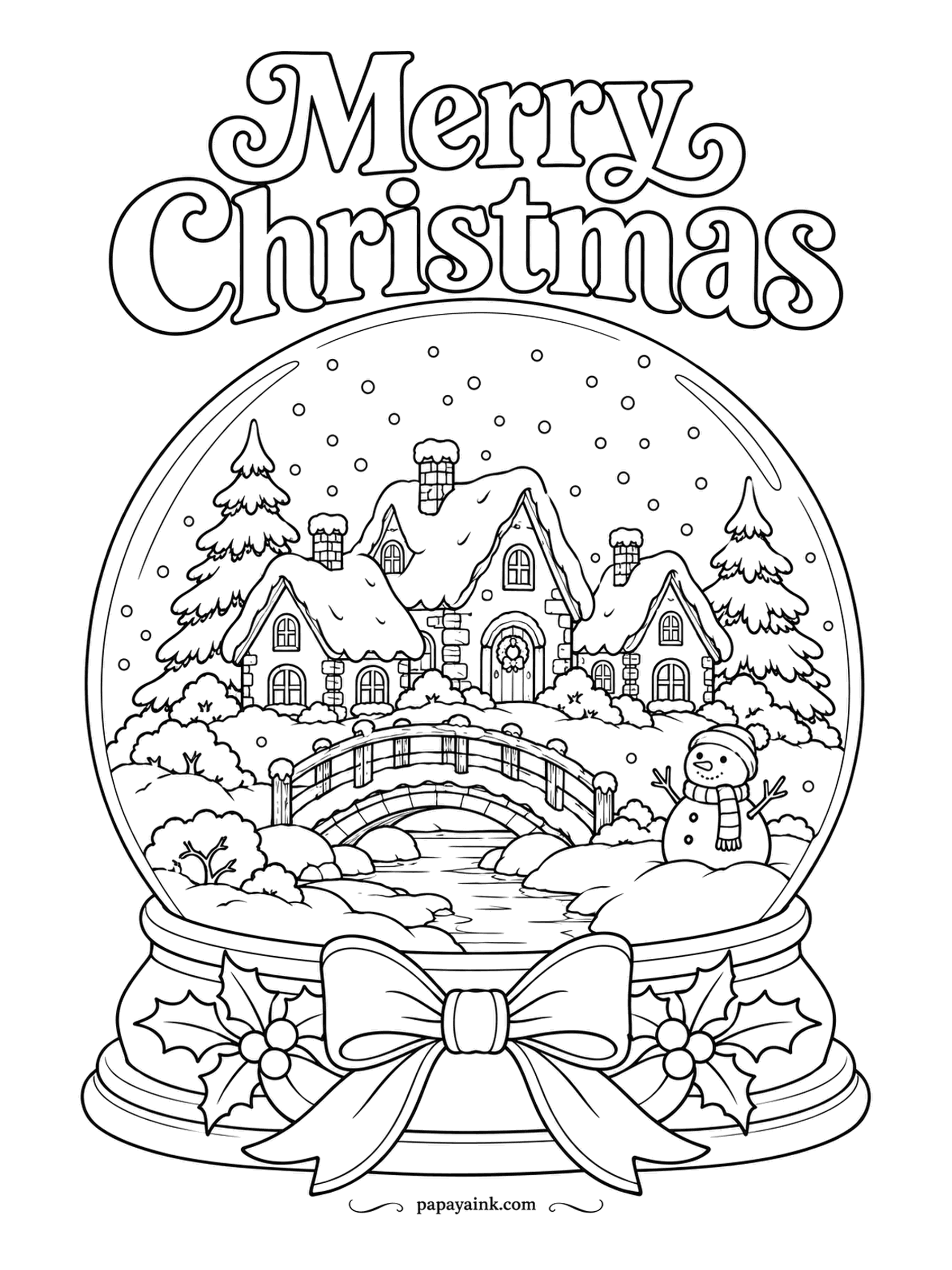 Merry Christmas Coloring Pages - Look closely and there is a tiny snowman standing by the footbridge. The globe holds a cottage, pines and a frozen stream, and sits on a base tied with ribbon. Soft gray along one edge of the glass gives it roundness.