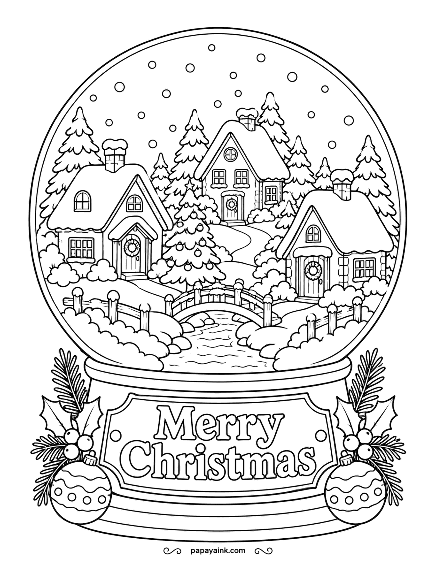 Merry Christmas Coloring Pages - Three cottages, a footbridge over a frozen stream and a hill of pines, all under glass. The words are carved into the base. Detailed - tint the snow with the faintest blue and the globe will seem to glow.