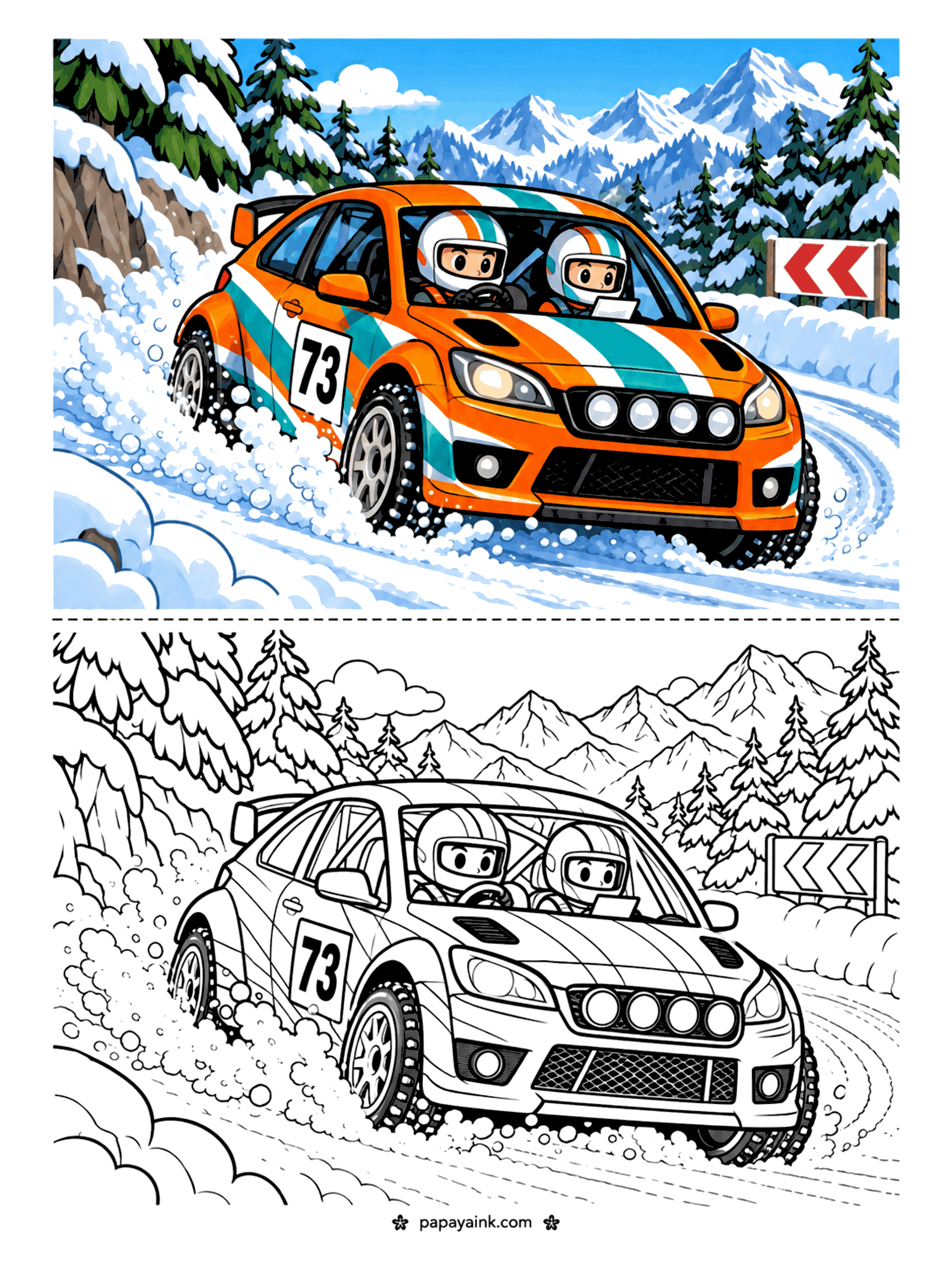 Race Car Coloring Pages - A rally car with driver and co-driver sliding through snow on a mountain pass. Detailed