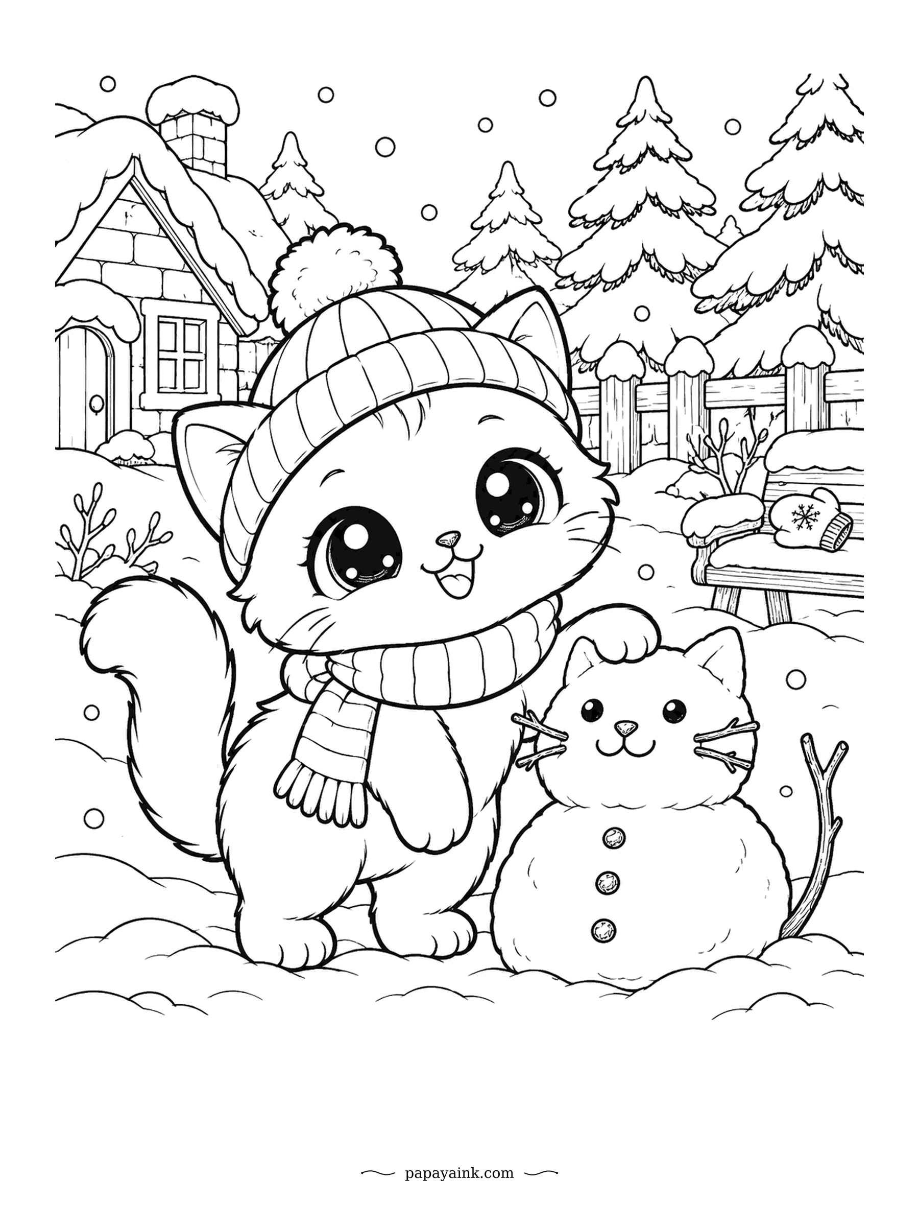 Kawaii Cat Coloring Pages - Not a snowman but a snowcat, complete with twig whiskers and pebble buttons. Its proud builder wears a knitted hat and scarf. Snowy cottage, pine trees and a mitten left on the bench - cool blues and whites throughout.