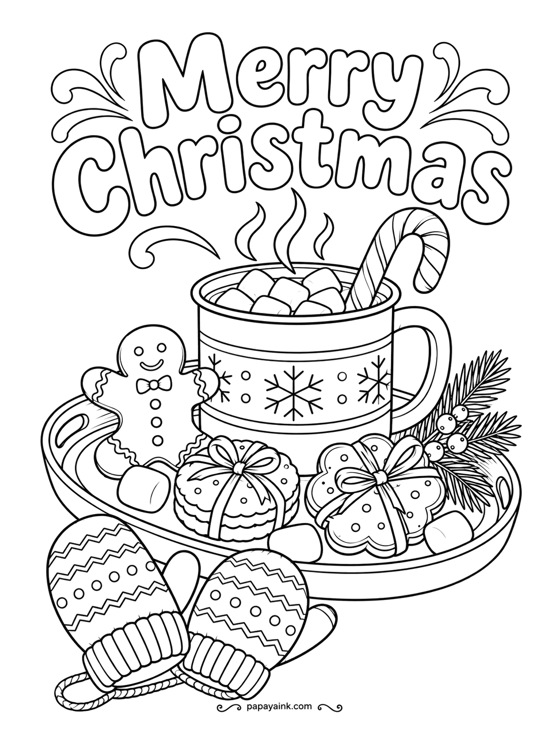 Merry Christmas Coloring Pages - An enamel mug with more marshmallows than cocoa, a gingerbread man already missing a bite, and mittens drying beside the tray. Bold and simple. Speckle the mug rim darker for that campfire-enamel look.