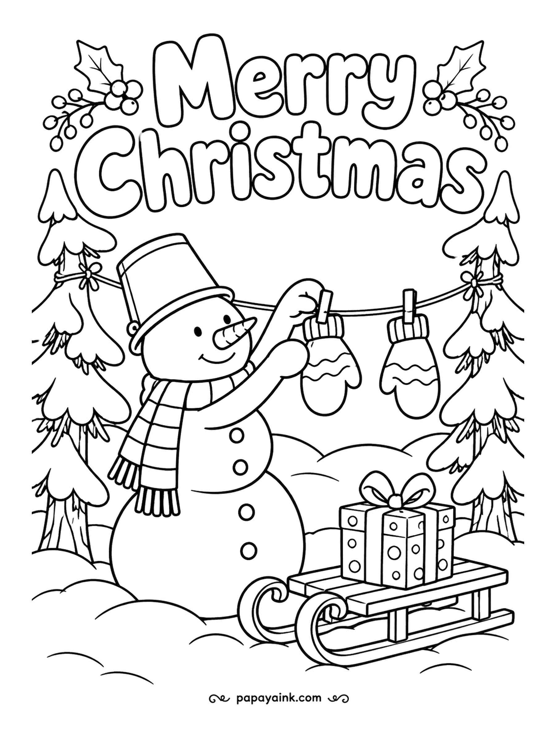 Merry Christmas Coloring Pages - Laundry day in the woods: a snowman in a bucket hat pegs mittens to a line strung between two pines. A present rides the sled behind him. Plenty of open space, comfortable for any age.
