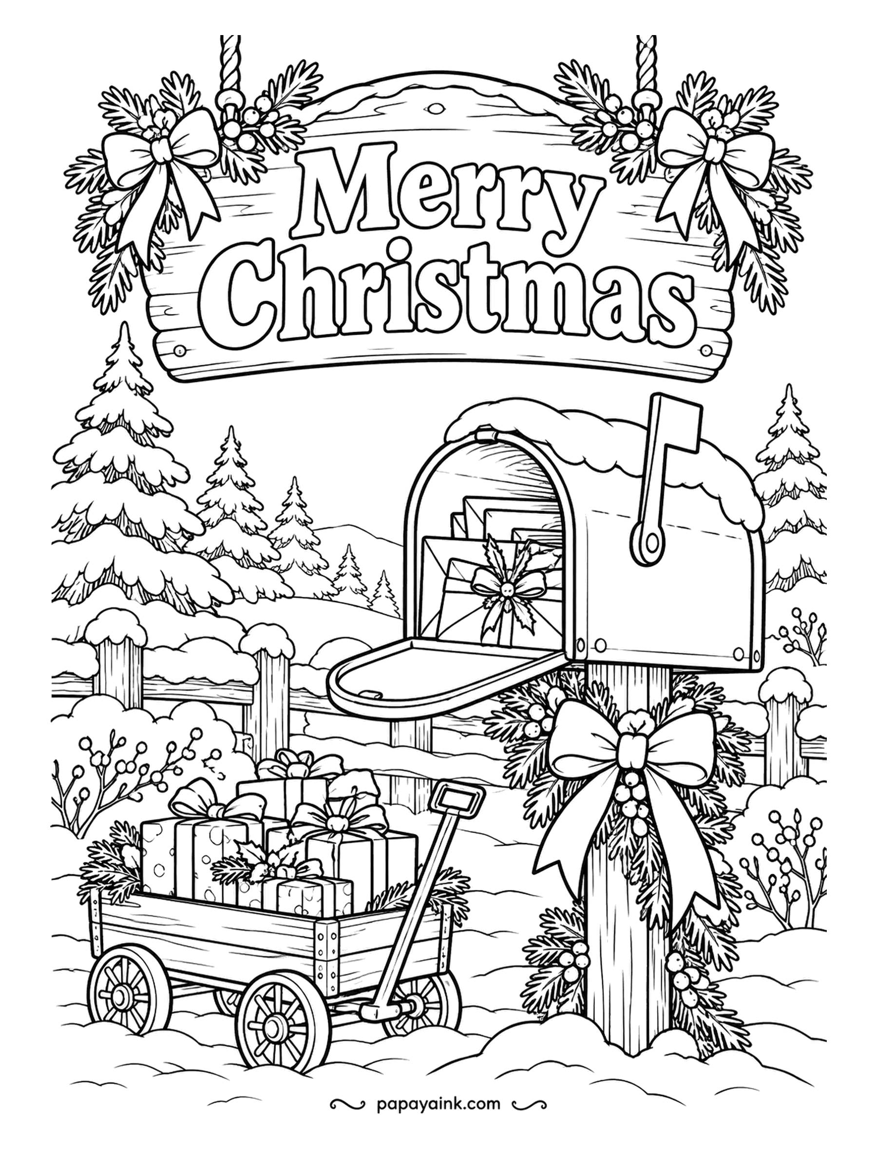 Merry Christmas Coloring Pages - Flag up, door open, envelopes and a holly bow inside. Below the post, a wagon of presents is ready for the walk back to the house. Snow caps on the fence and mailbox stay white; shade them with a little blue.