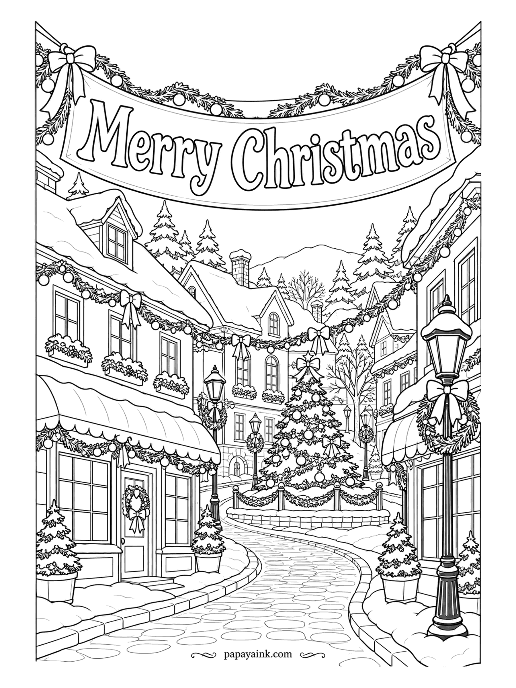 Merry Christmas Coloring Pages - Cobbles curve past awnings and window boxes toward the tree at the far end, under a banner strung between rooftops. Detailed - warm yellow in the windows, cool gray on the cobbles, and stop there if you like.