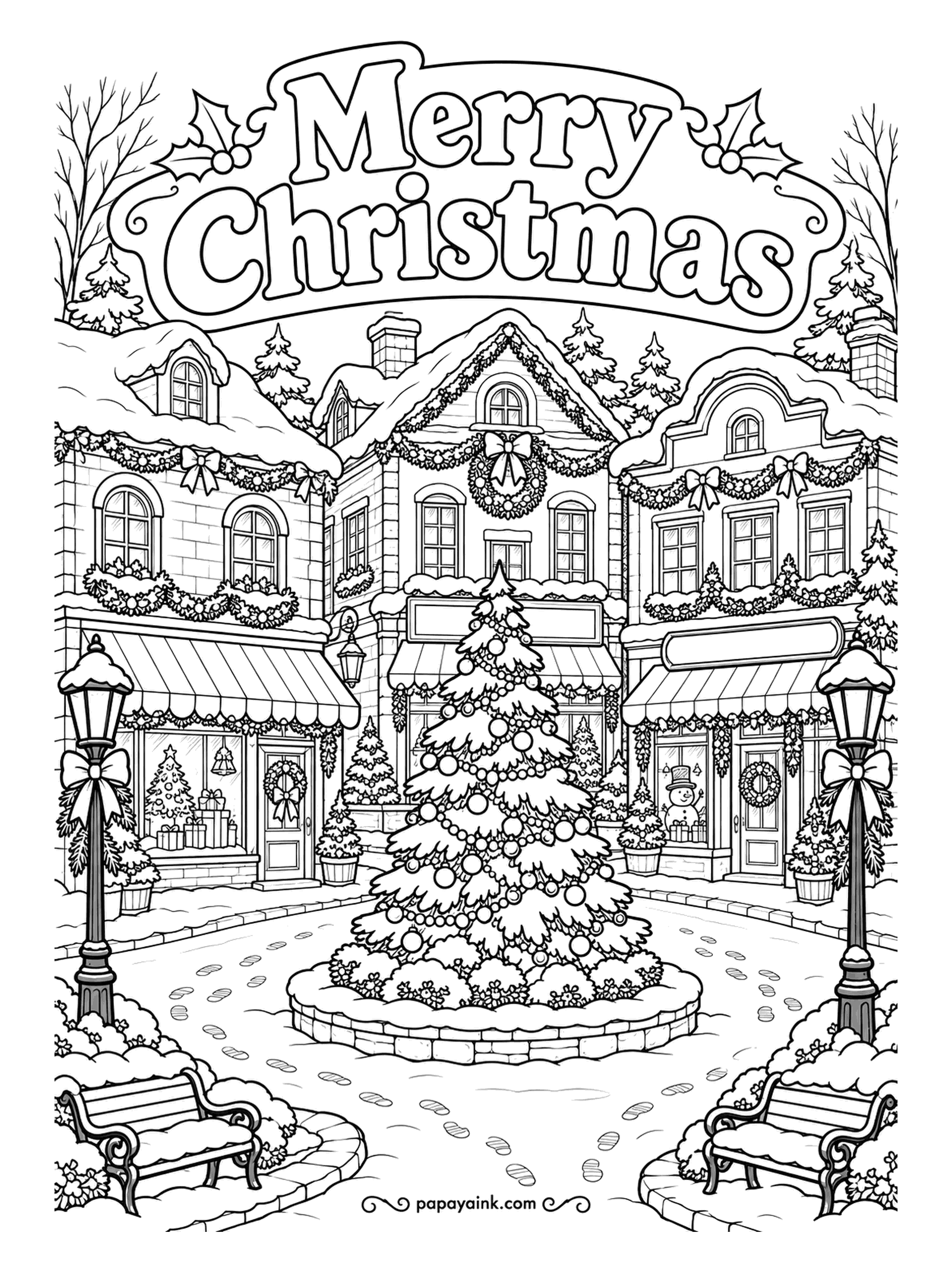 Merry Christmas Coloring Pages - Main Street after closing time, with garlands on every window and footprints circling the tree in the square. Detailed - take it building by building; yellow in the shop windows makes the whole street glow.