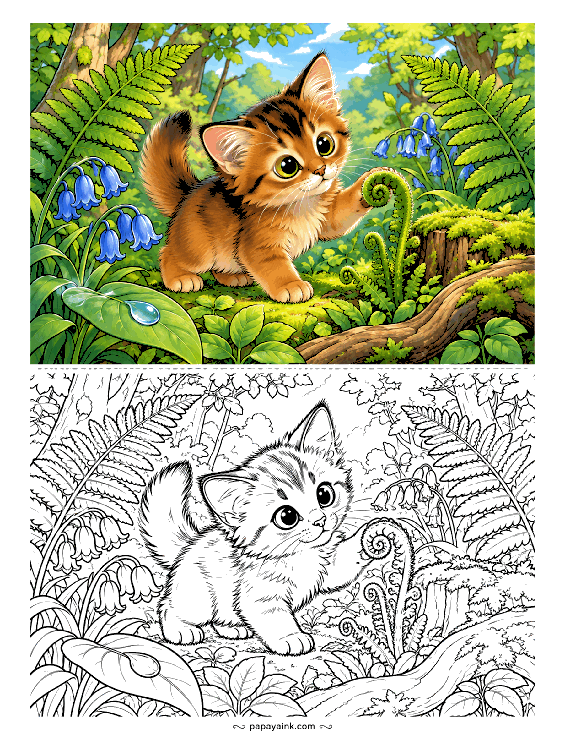 Kitten Coloring Pages - The fern fiddlehead curls like a question mark, and the Somali kitten has a paw on it to find out. Bluebells, moss, a fallen branch and a water drop on a leaf. Ruddy orange fur with darker ticking; the forest is green on green.