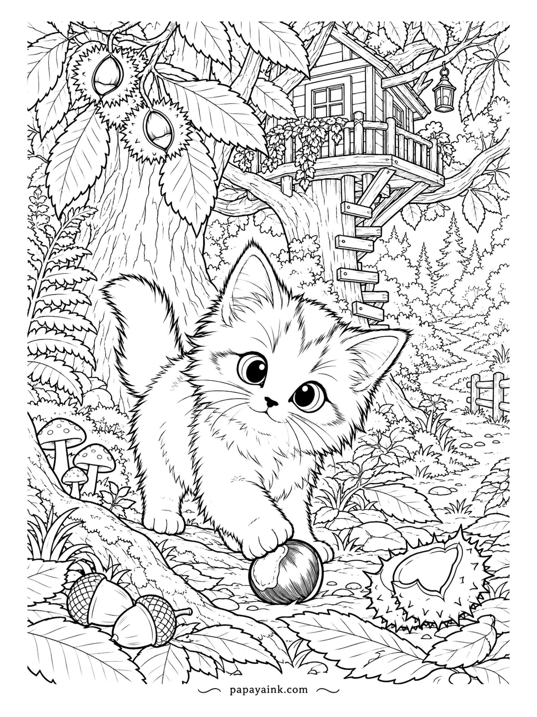 Kitten Coloring Pages - Chestnuts are dropping from the tree with the treehouse in it, and the Somali kitten has found the shiniest one. Acorns, mushrooms, a spiky burr split open and a ladder up to the house. Fall colors from top to bottom: rust, gold and brown.