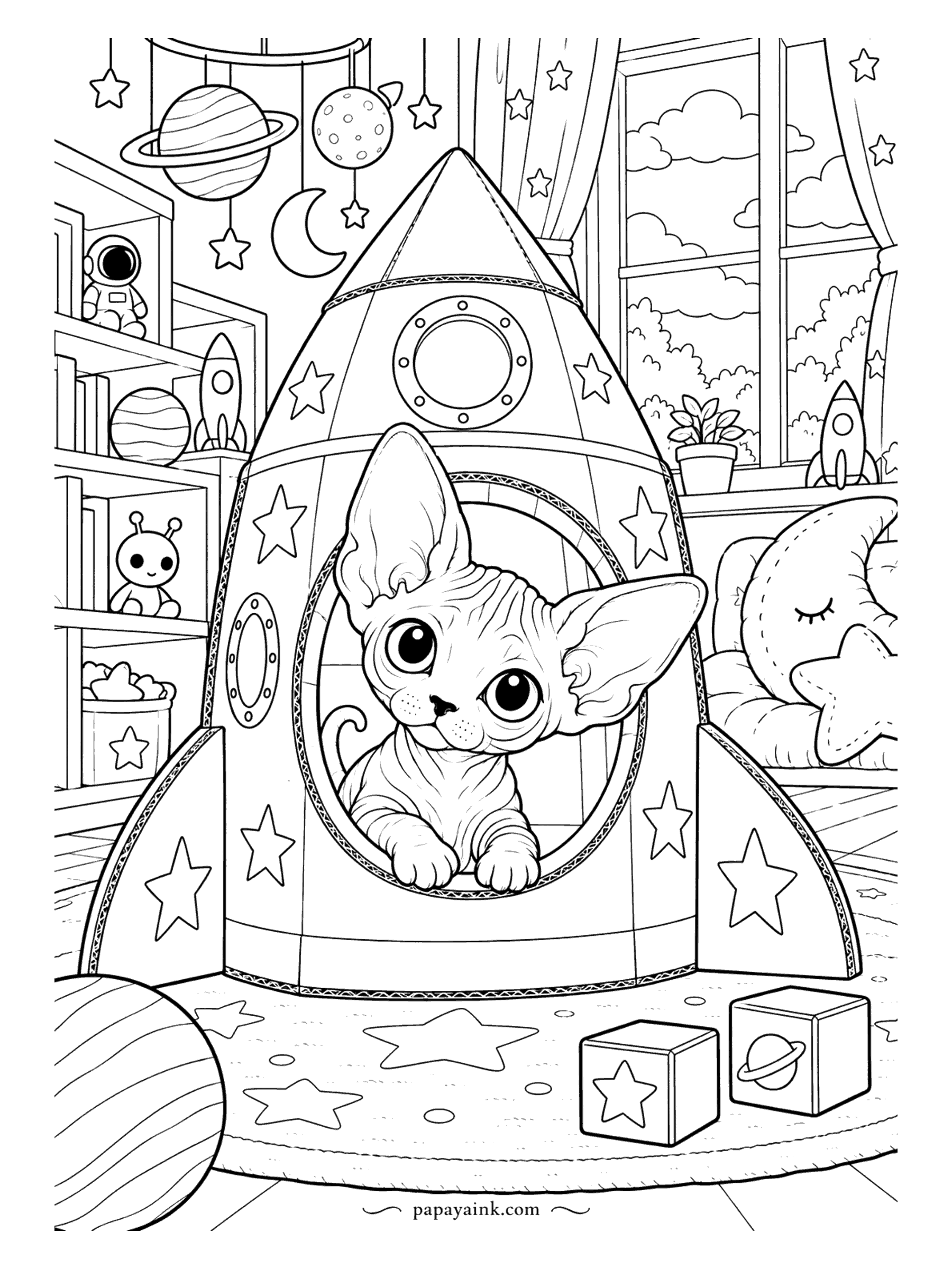 Kitten Coloring Pages - Cardboard rocket, Sphynx pilot, launch any minute. Stars on the hull, planets hanging from the ceiling, a sleepy moon pillow and an astronaut on the shelf. The Sphynx has no fur to shade, so give the rocket all the color instead.