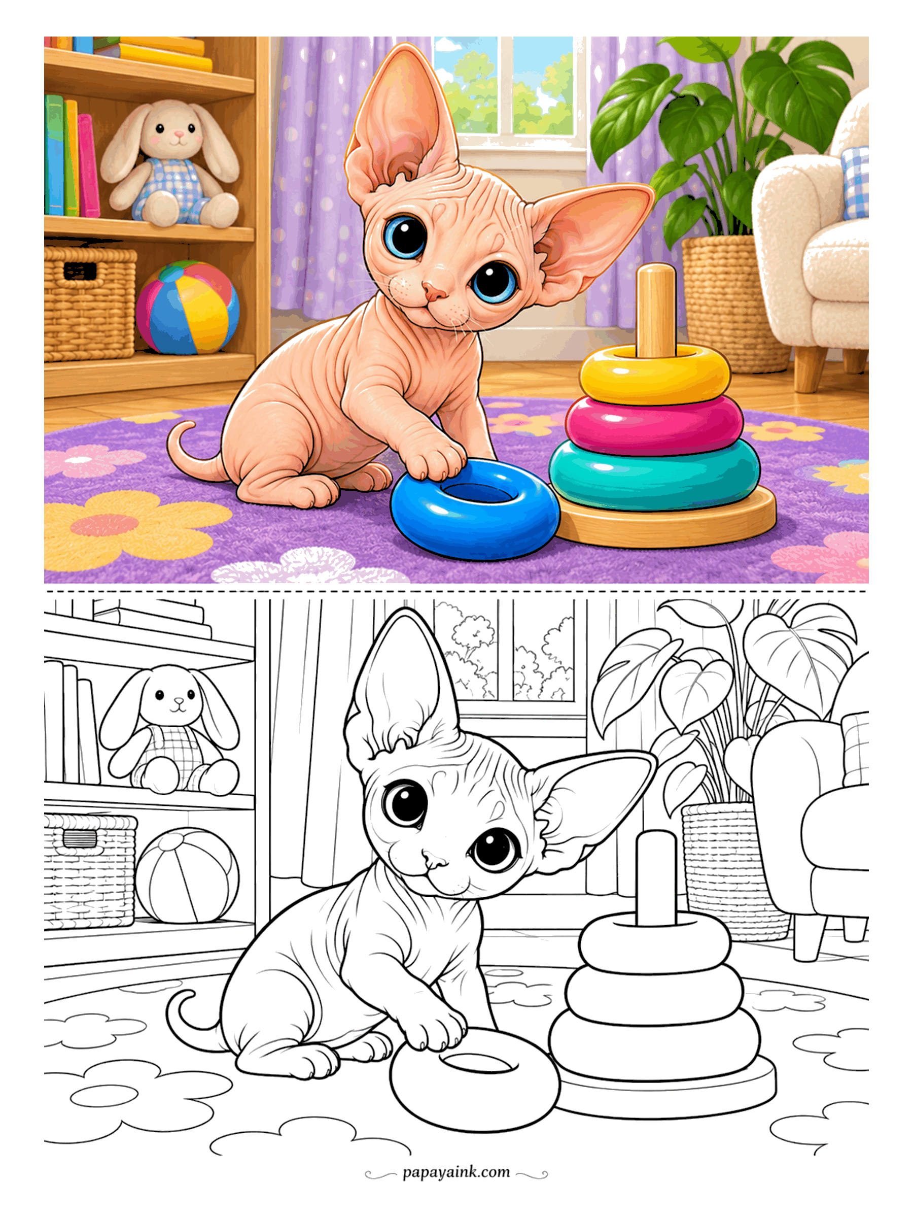 Kitten Coloring Pages - The blue ring did not go on the post, and the Sphynx kitten is about to find out why. Wrinkled peach skin, enormous ears, a flowered purple rug and a plush rabbit on the shelf. No fur here; shading is all skin folds and highlights.