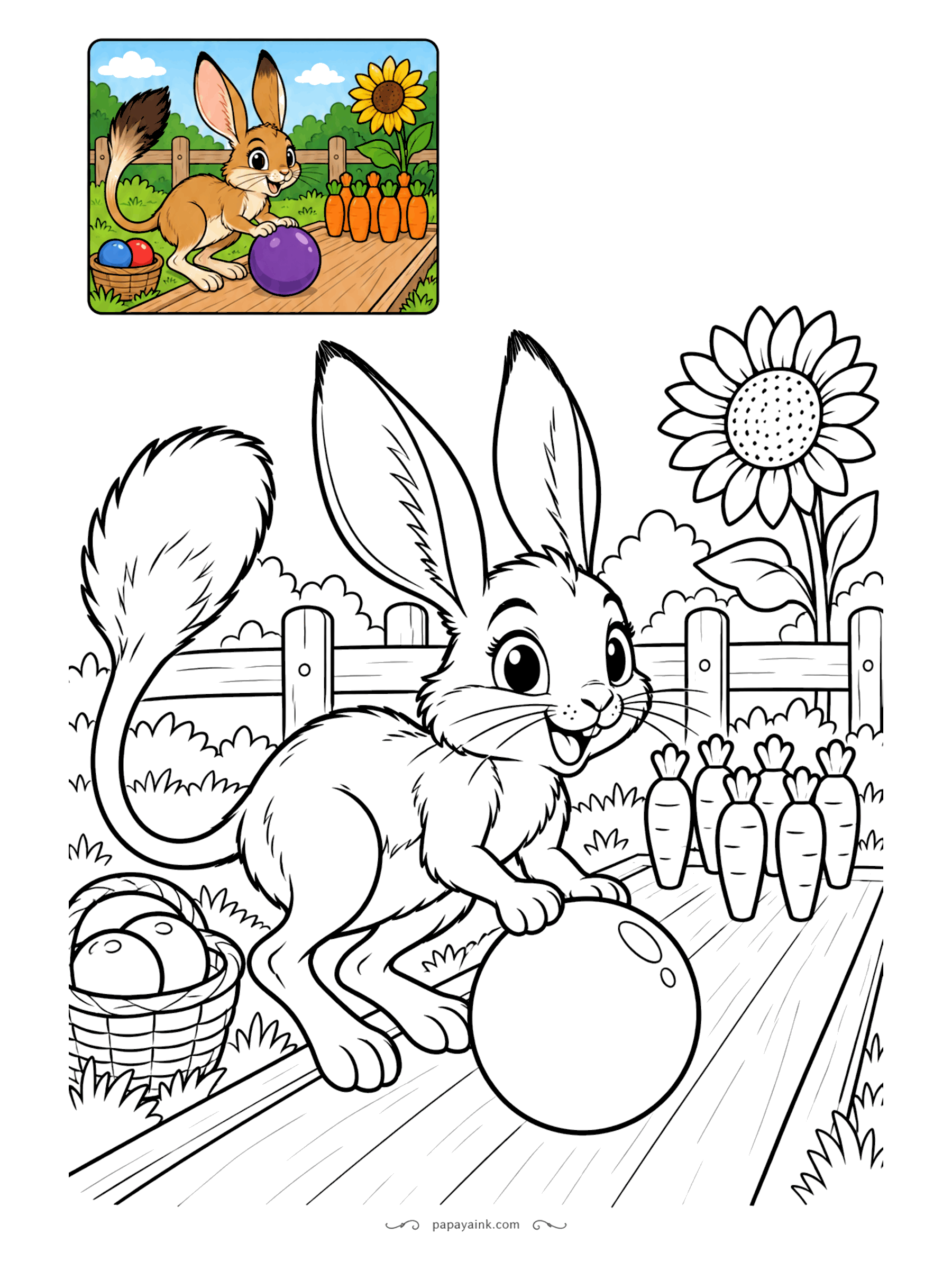 Color Guide Coloring Pages - Ten carrots standing in a row make a fine set of pins, and the springhare is lining up the throw with a purple ball. A sunflower watches over the wooden lane. Orange carrots, green tops, and a dark tuft at the end of the tail.