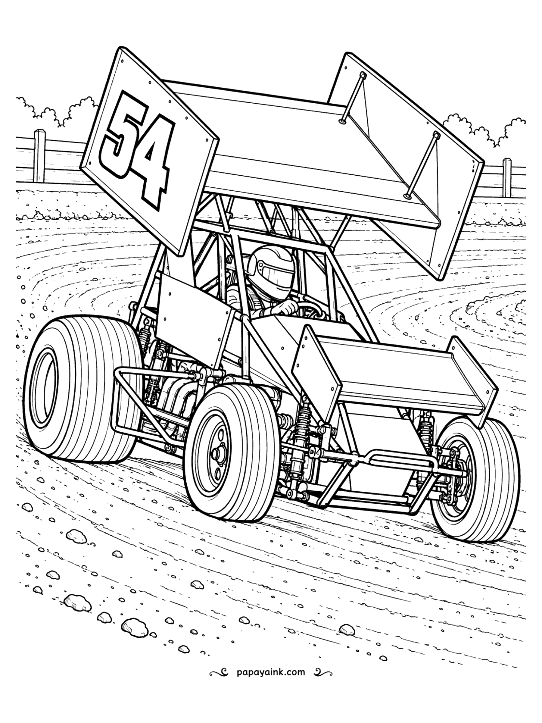 Race Car Coloring Pages - The wing on top of this sprint car is bigger than the car under it, and on a dirt oval that is exactly the point - it pushes the tires into the clay. Detailed - mud clods spray across the track.