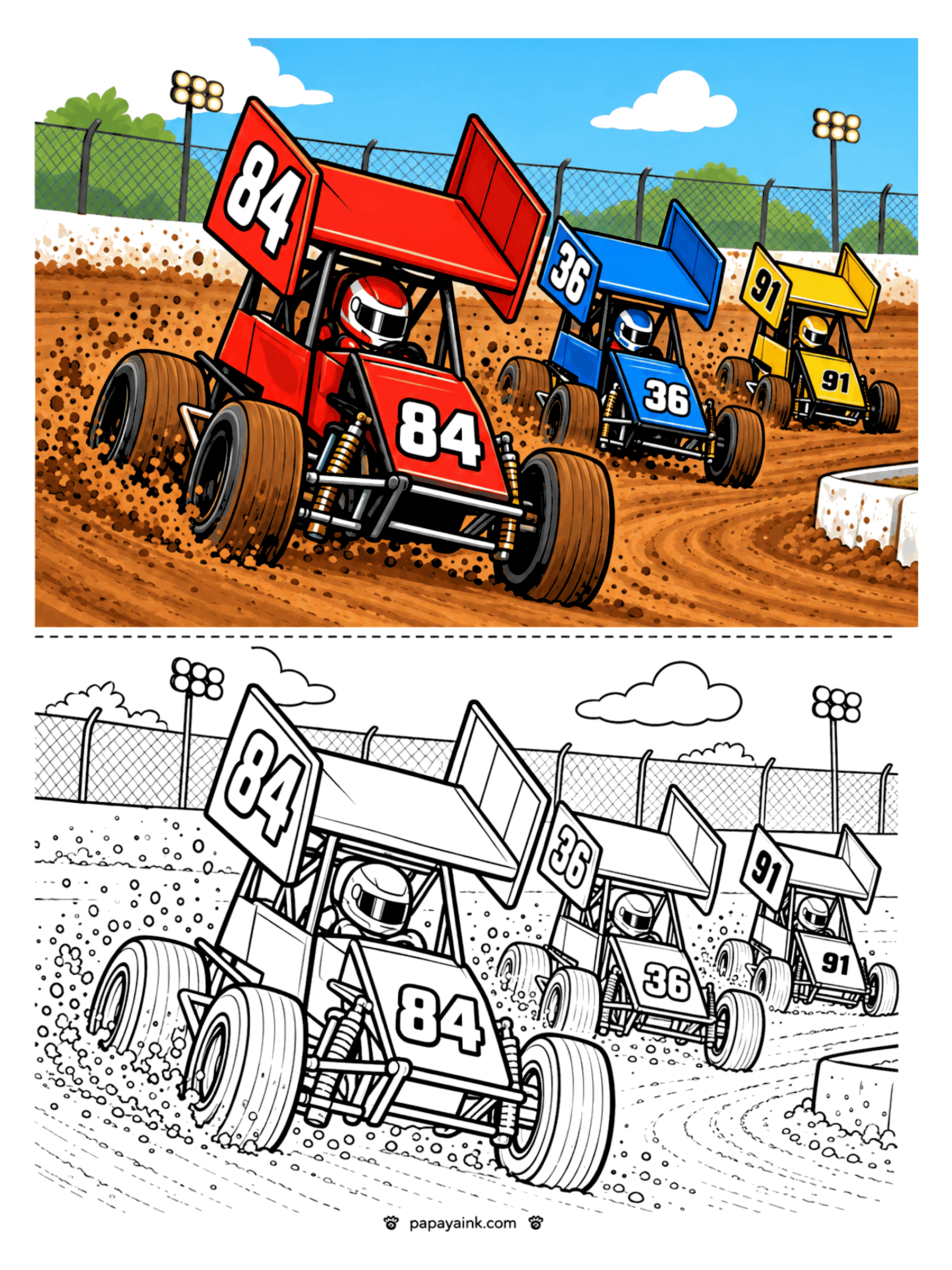 Race Car Coloring Pages - Three winged sprint cars sliding through dirt on an oval track under the floodlights. Detailed